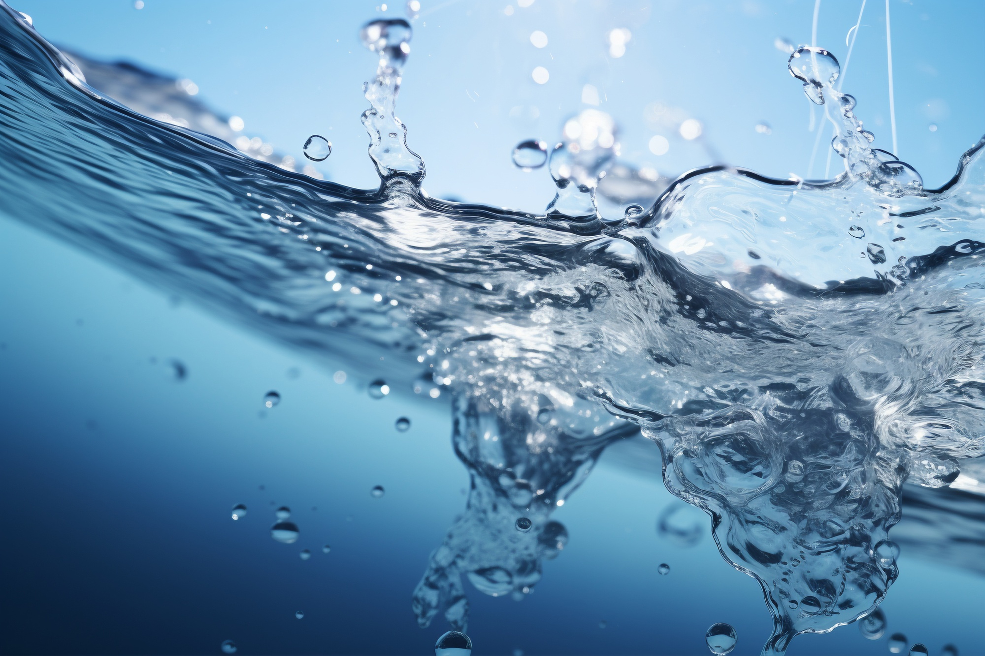 Close-up of clear water splashing against a blue background, capturing droplets and ripples with a sense of motion and fluidity.