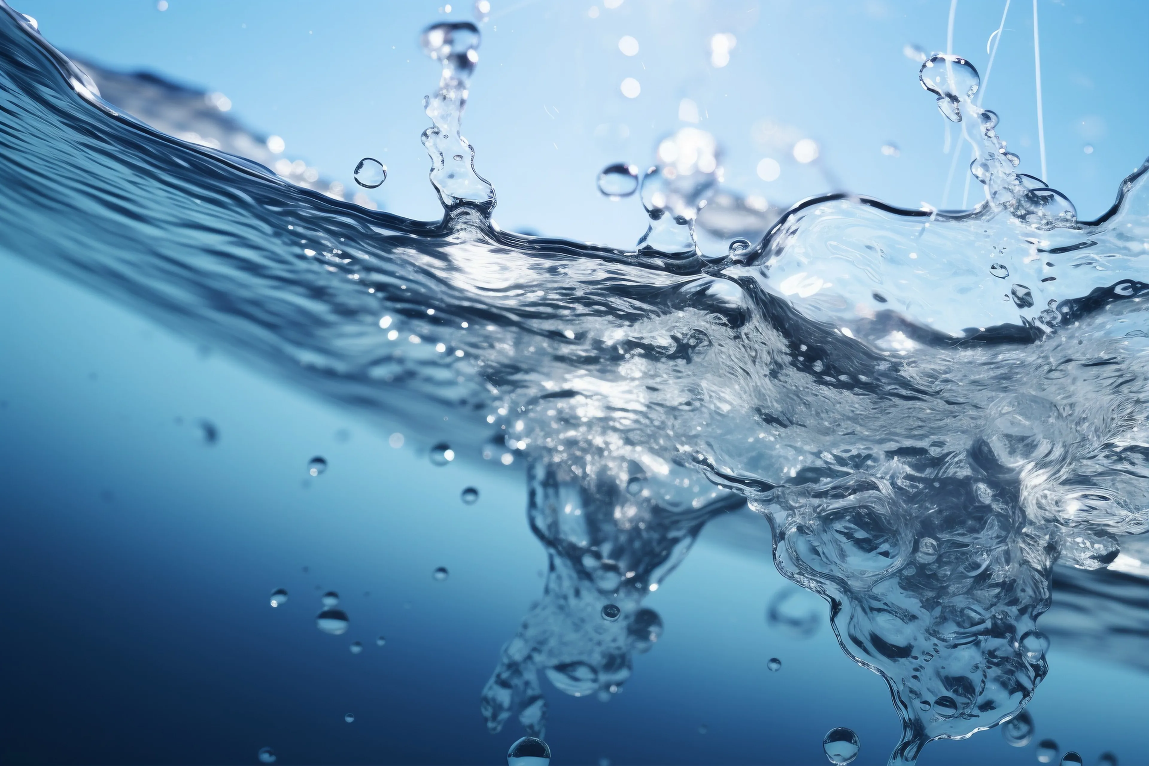 Close-up of clear water splashing against a blue background, capturing droplets and ripples with a sense of motion and fluidity.