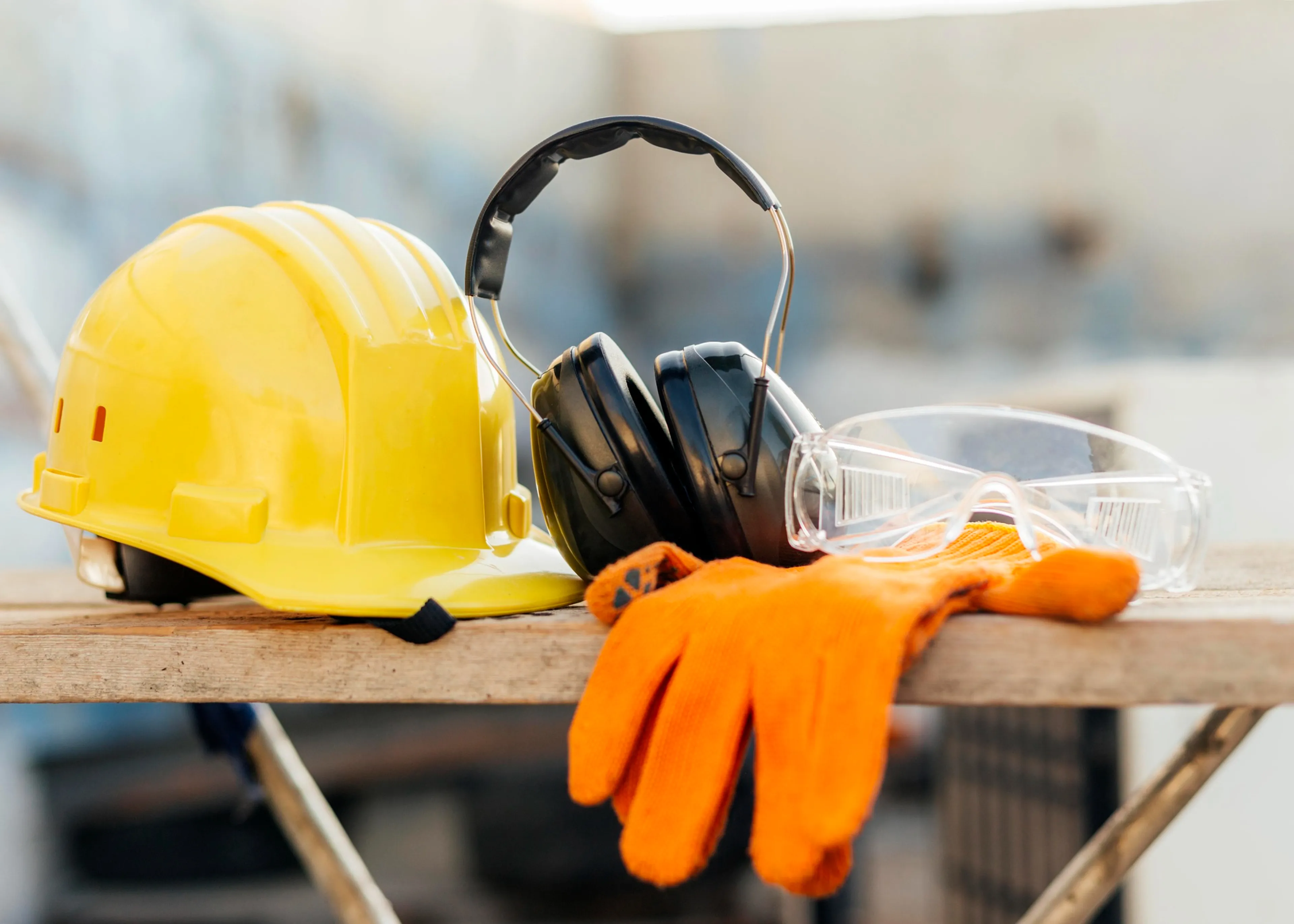 Ein gelber Schutzhelm, schwarze Ohrenschützer, eine Schutzbrille und orangefarbene Handschuhe auf einem Holzbrett.