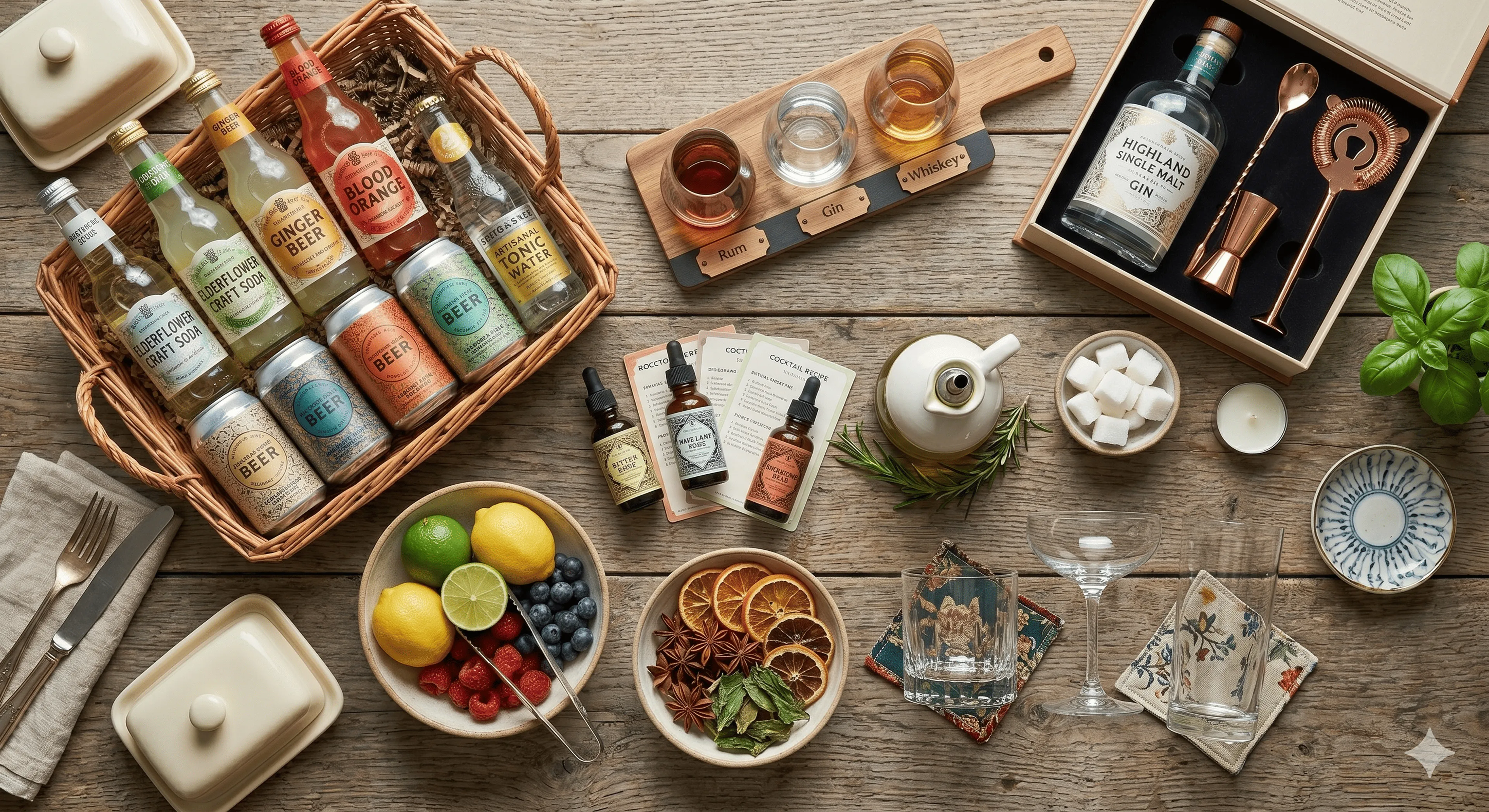 Assorted cocktail ingredients and tools on a wooden table, including mixers, fruits, herbs, spirits, and glassware arranged neatly.