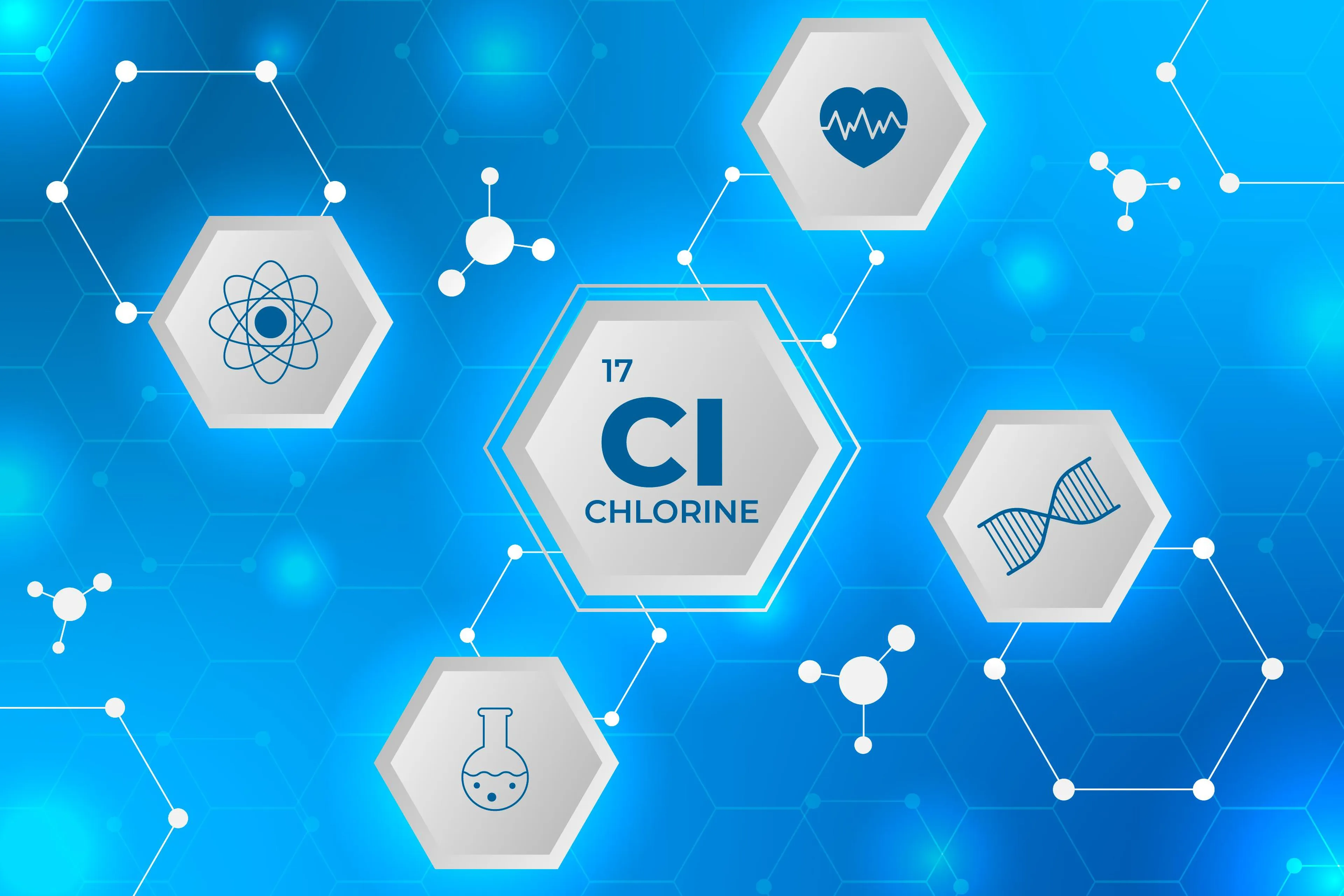 Hexagonal molecule icons on a blue background feature Chlorine (Cl), atom, heart, lab flask, and DNA imagery, symbolizing science concepts.