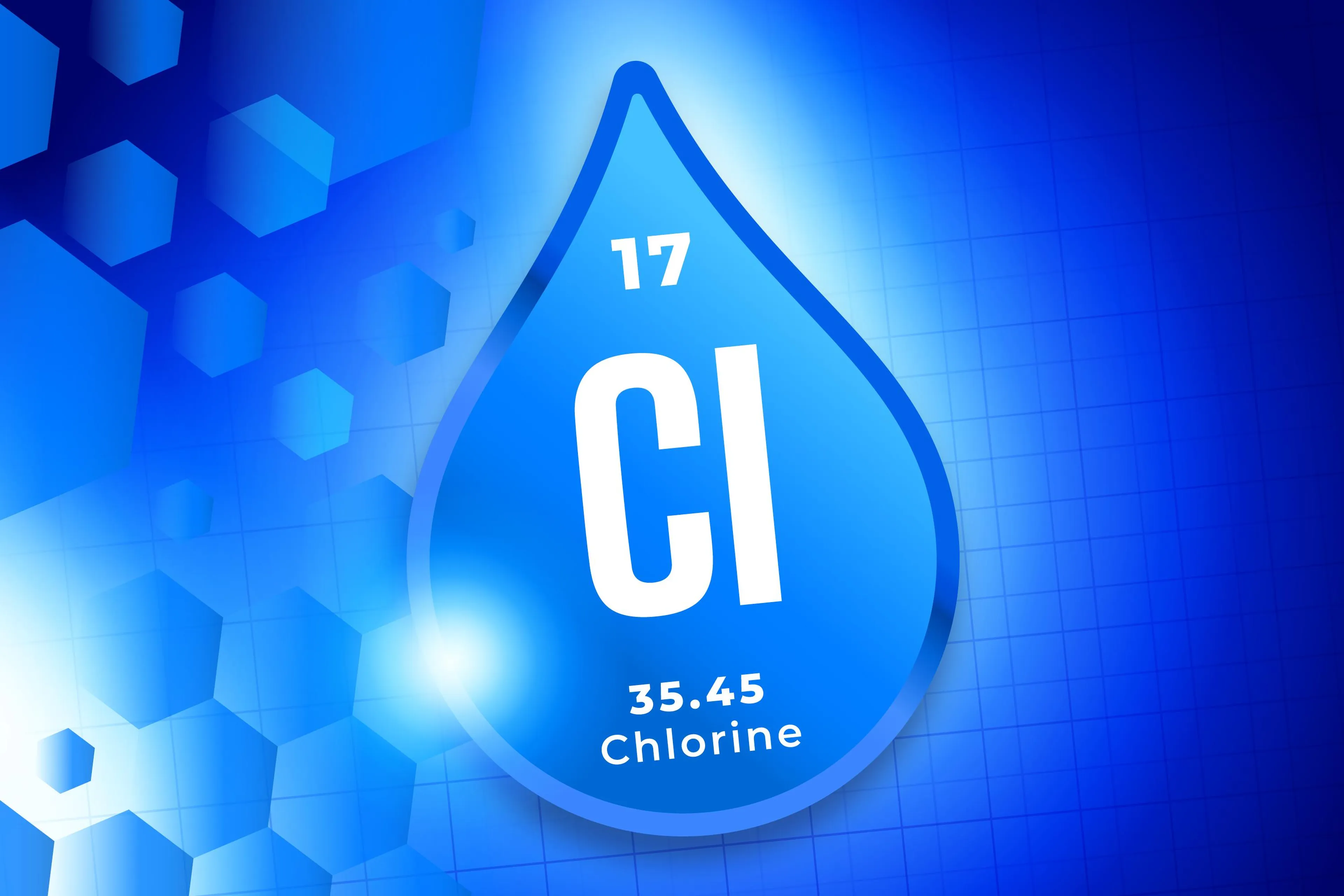 Blue design featuring the chemical symbol for Chlorine (Cl), atomic number 17, and atomic weight 35.45, inside a droplet shape.