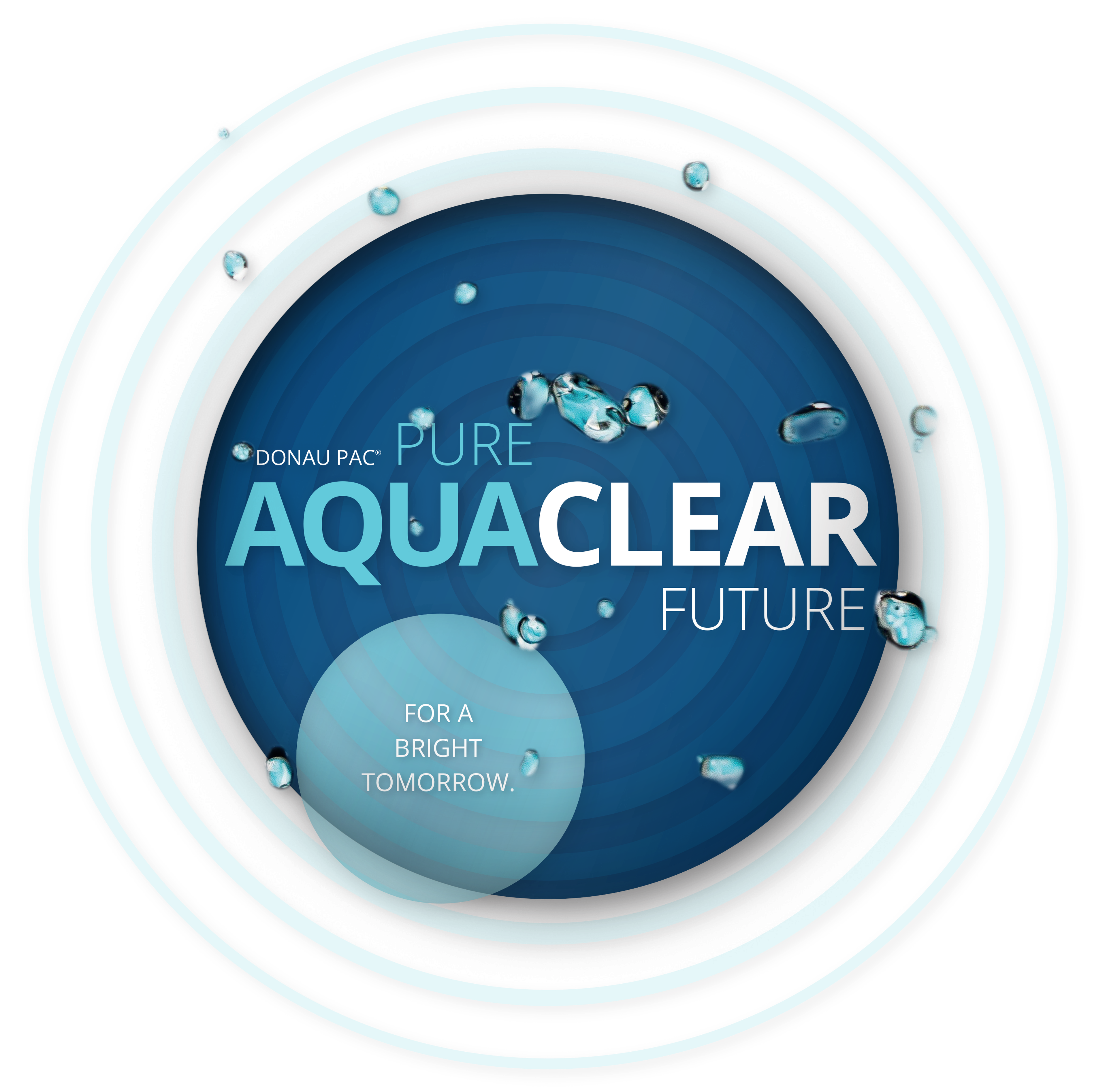 Circular design with the text "Donau Pac Pure Aqua Clear Future" and "For a Bright Tomorrow," featuring layered blue rings and water droplets.