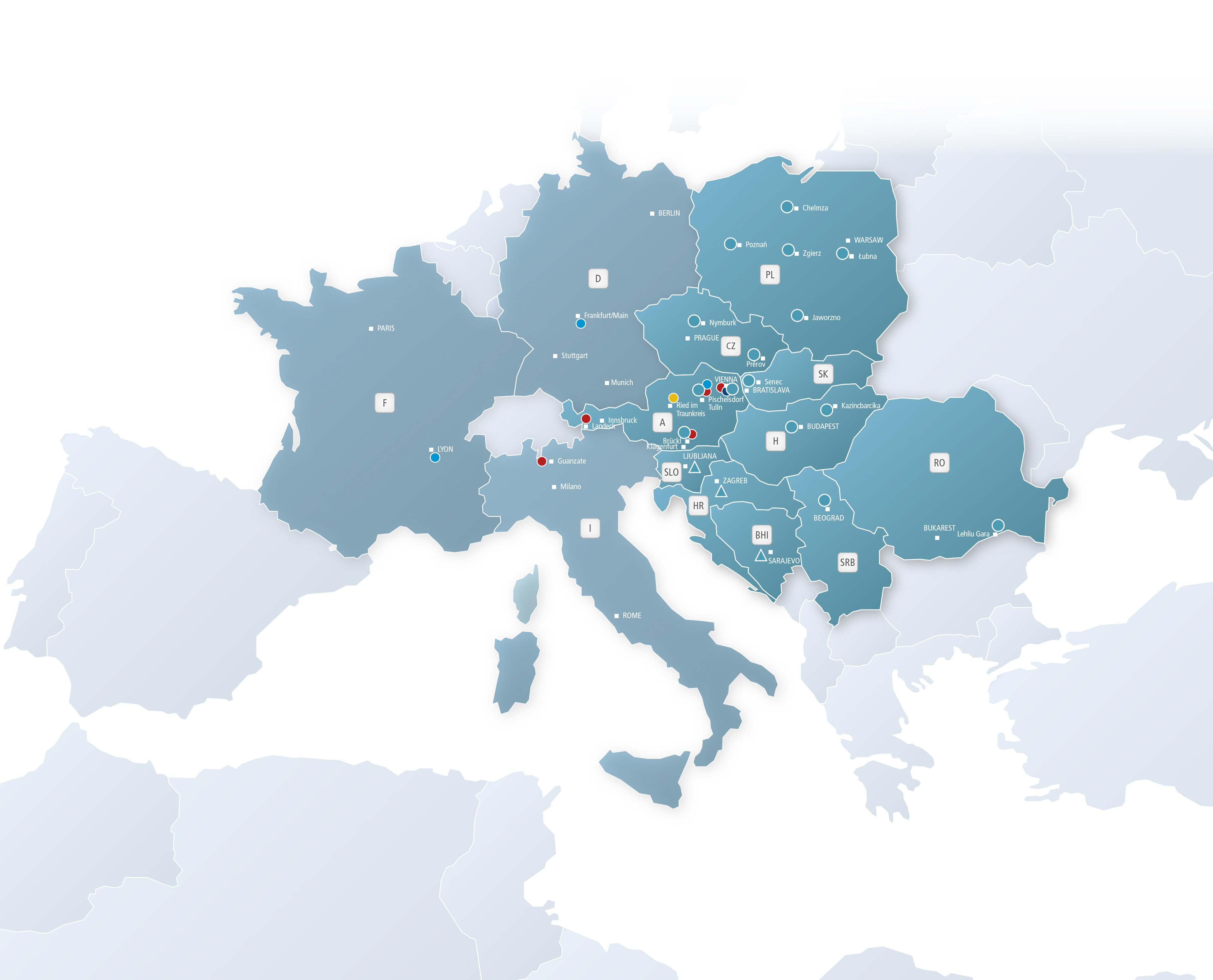 Donauchem Standorte auf Europakarte