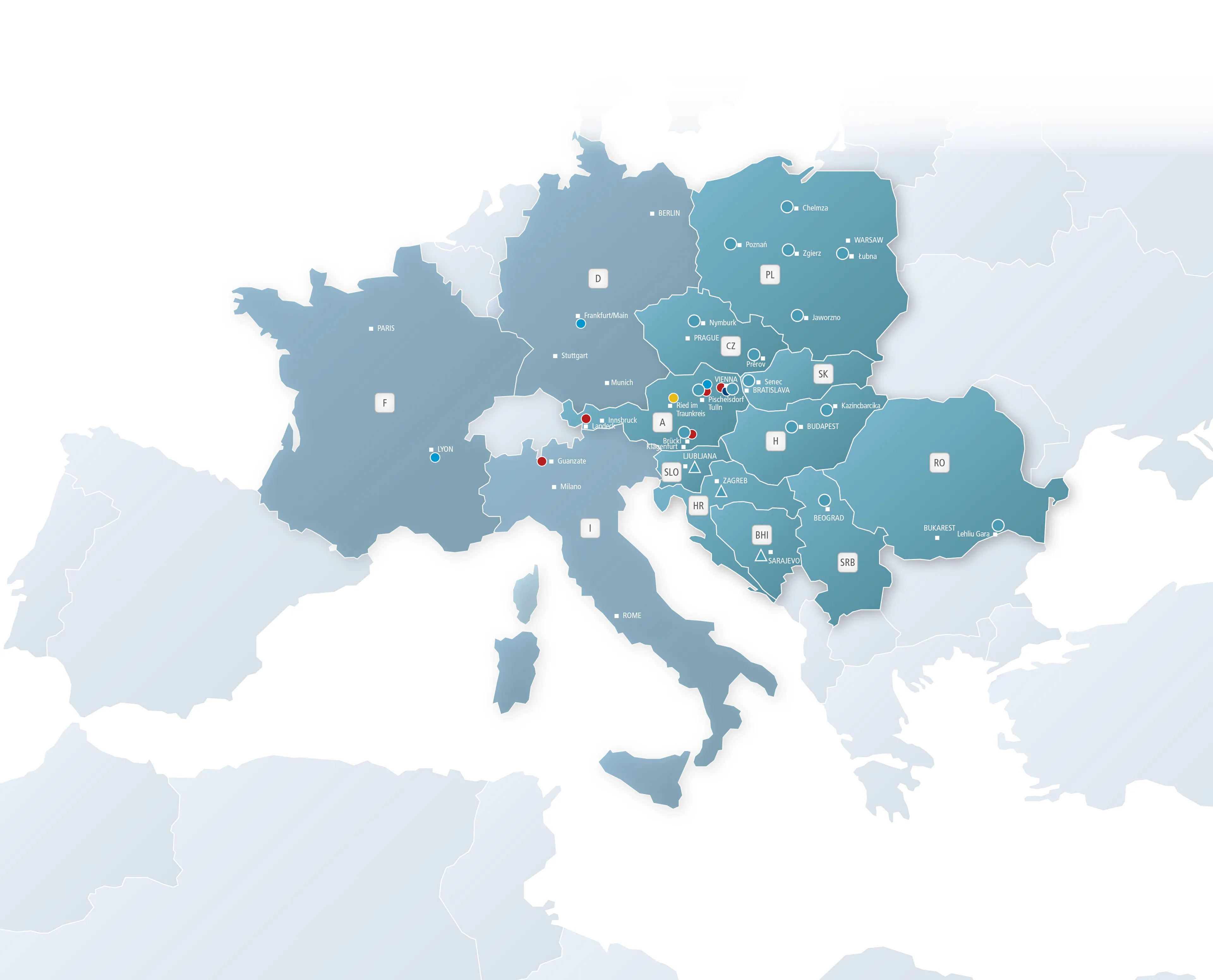 Donauchem Standorte auf Europakarte