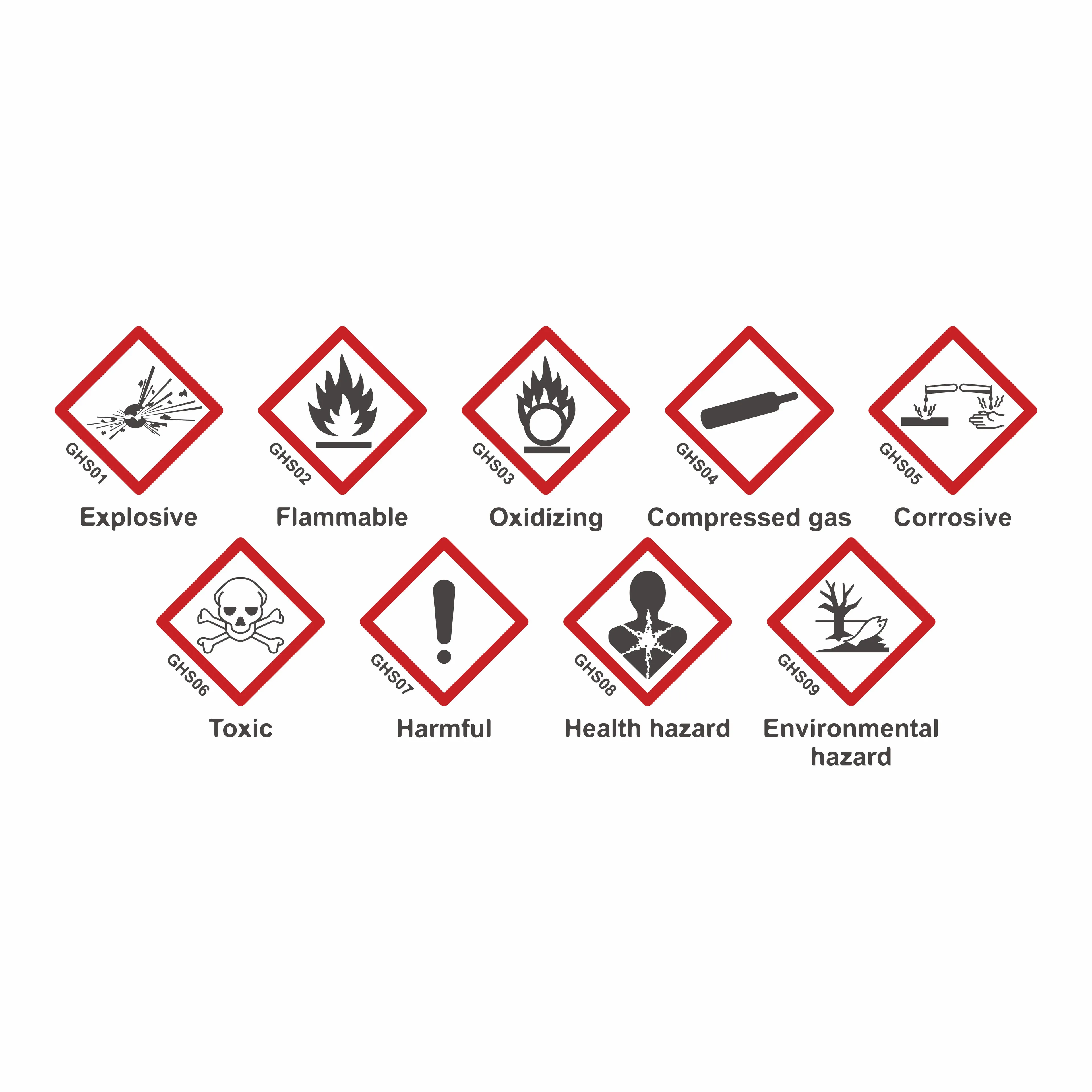 Nine hazard symbols with red borders: Explosive, Flammable, Oxidizing, Compressed Gas, Corrosive, Toxic, Harmful, Health Hazard, Environmental Hazard.