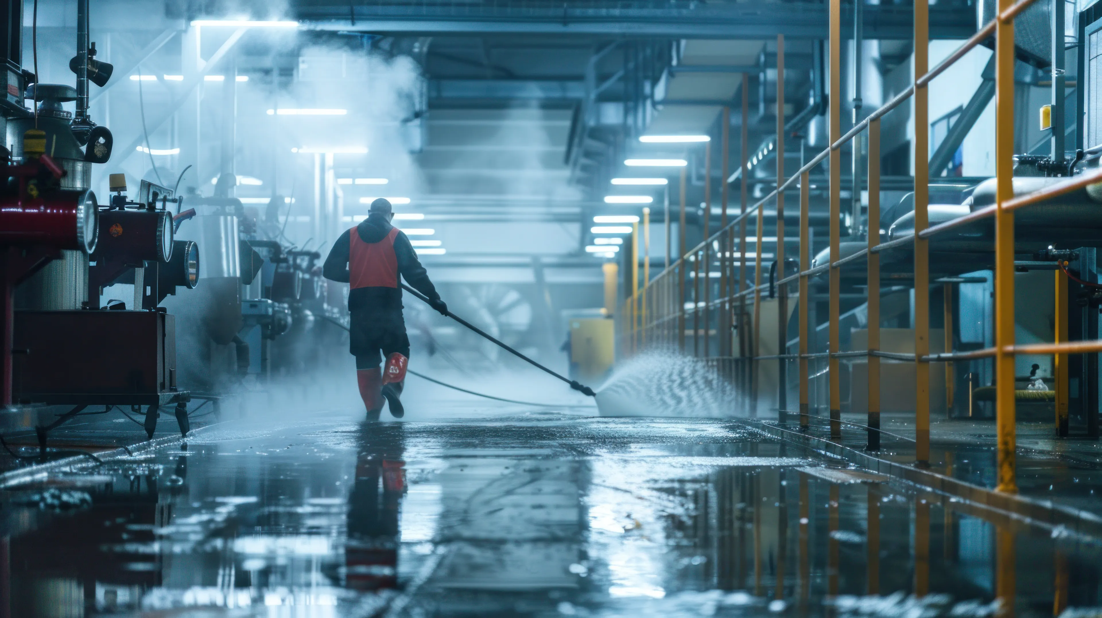 Worker in a raincoat power washes a factory floor, with steam and reflections visible, under fluorescent lighting.