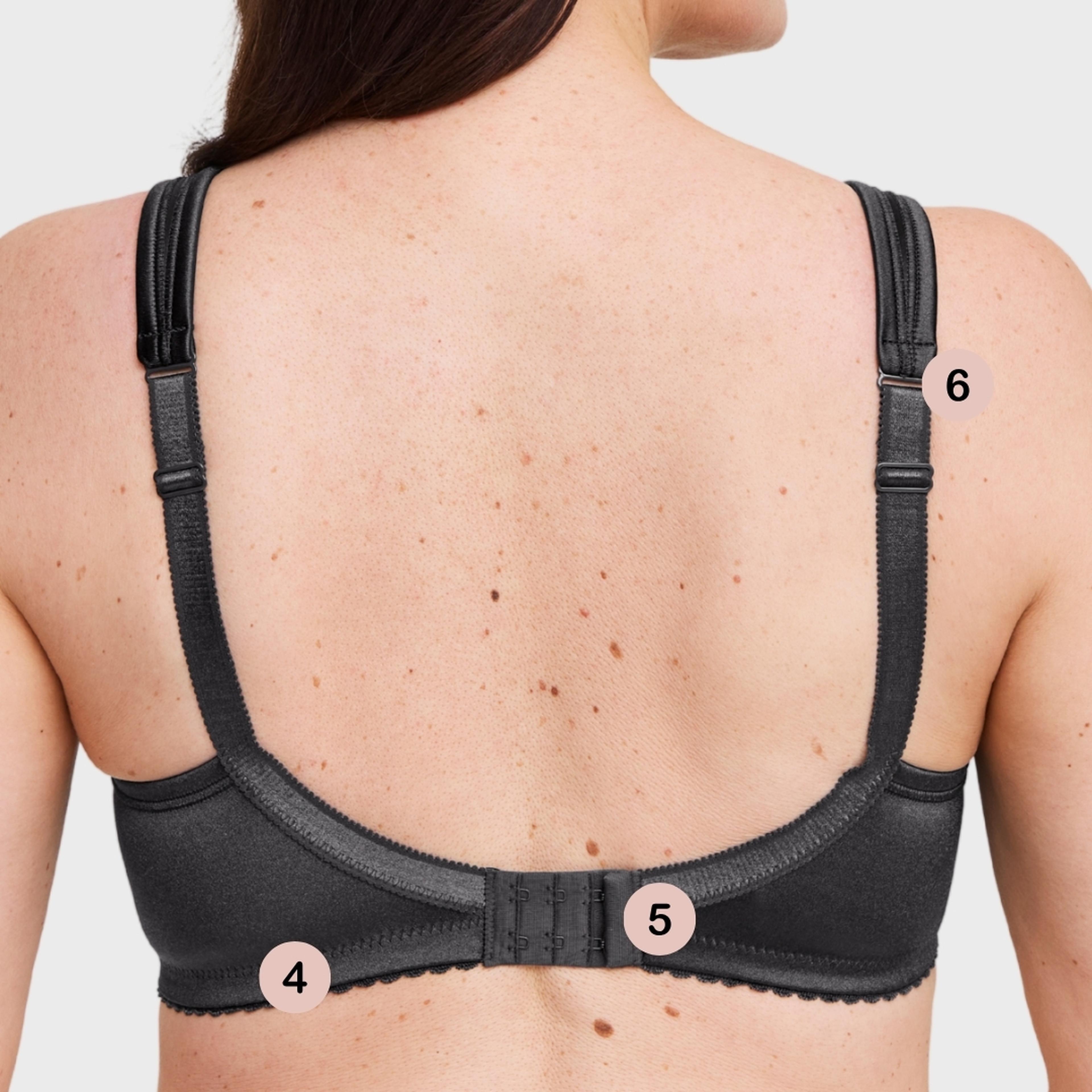 Back view of a woman wearing a Swegmark anthracite bra with numbered callouts highlighting features: band (4), hook-and-eye closure (5), and adjustable strap (6).