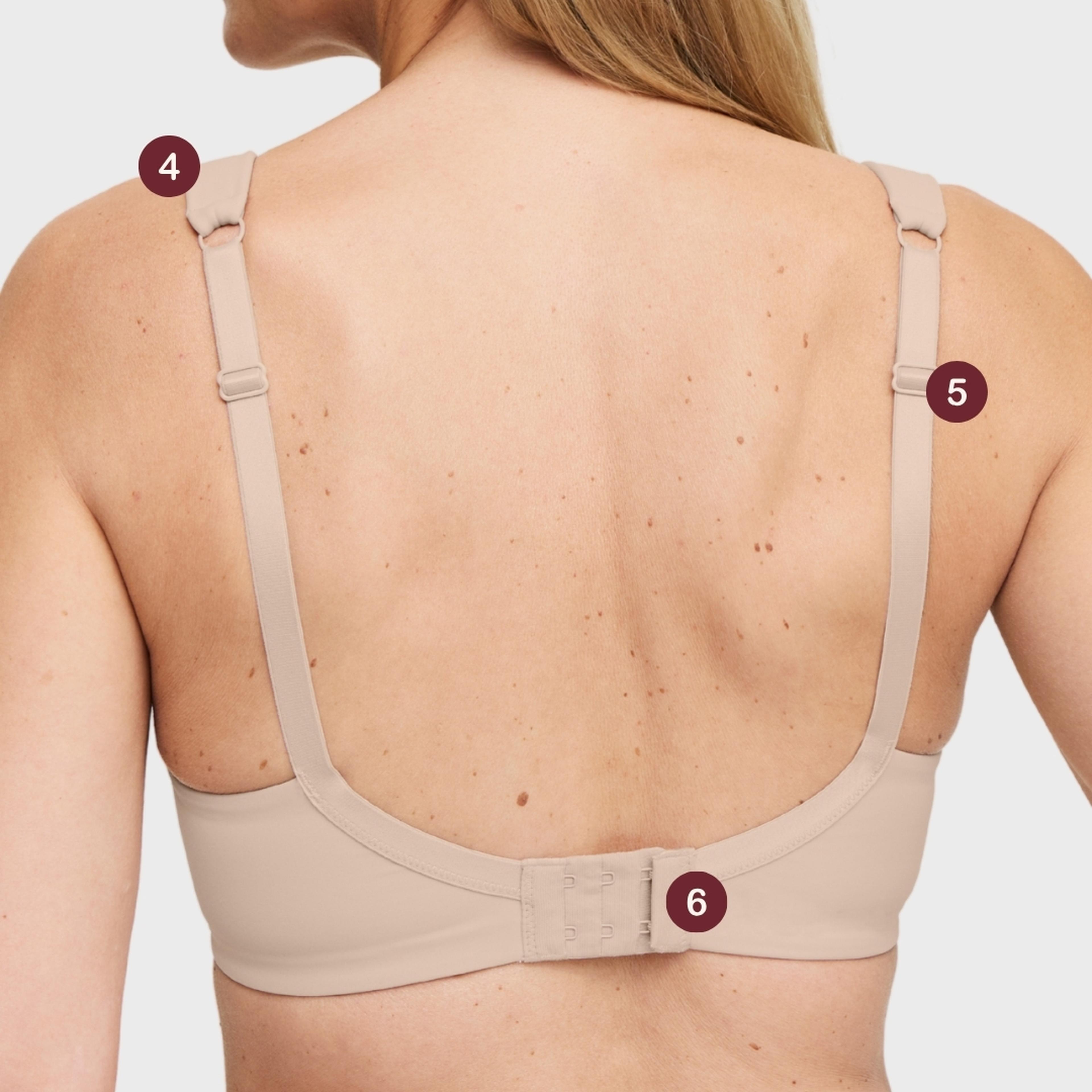 Back view of a woman wearing a Swegmark nude bra with labeled features: adjustable straps (4, 5) and back hook closure (6).