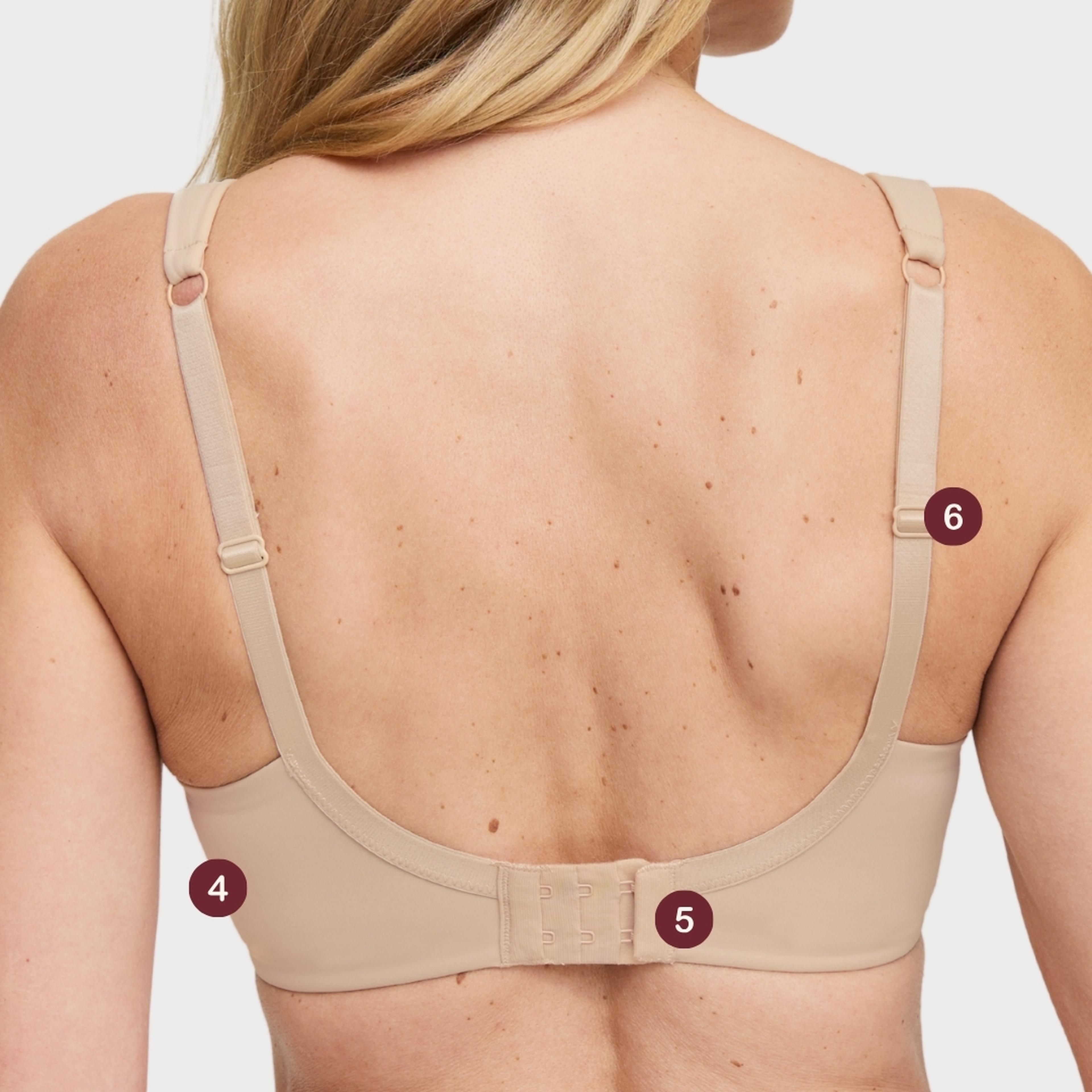 Back view of a woman wearing a Swegmrak nude bra with numbered labels highlighting the band, hook-and-eye closure, and adjustable straps.