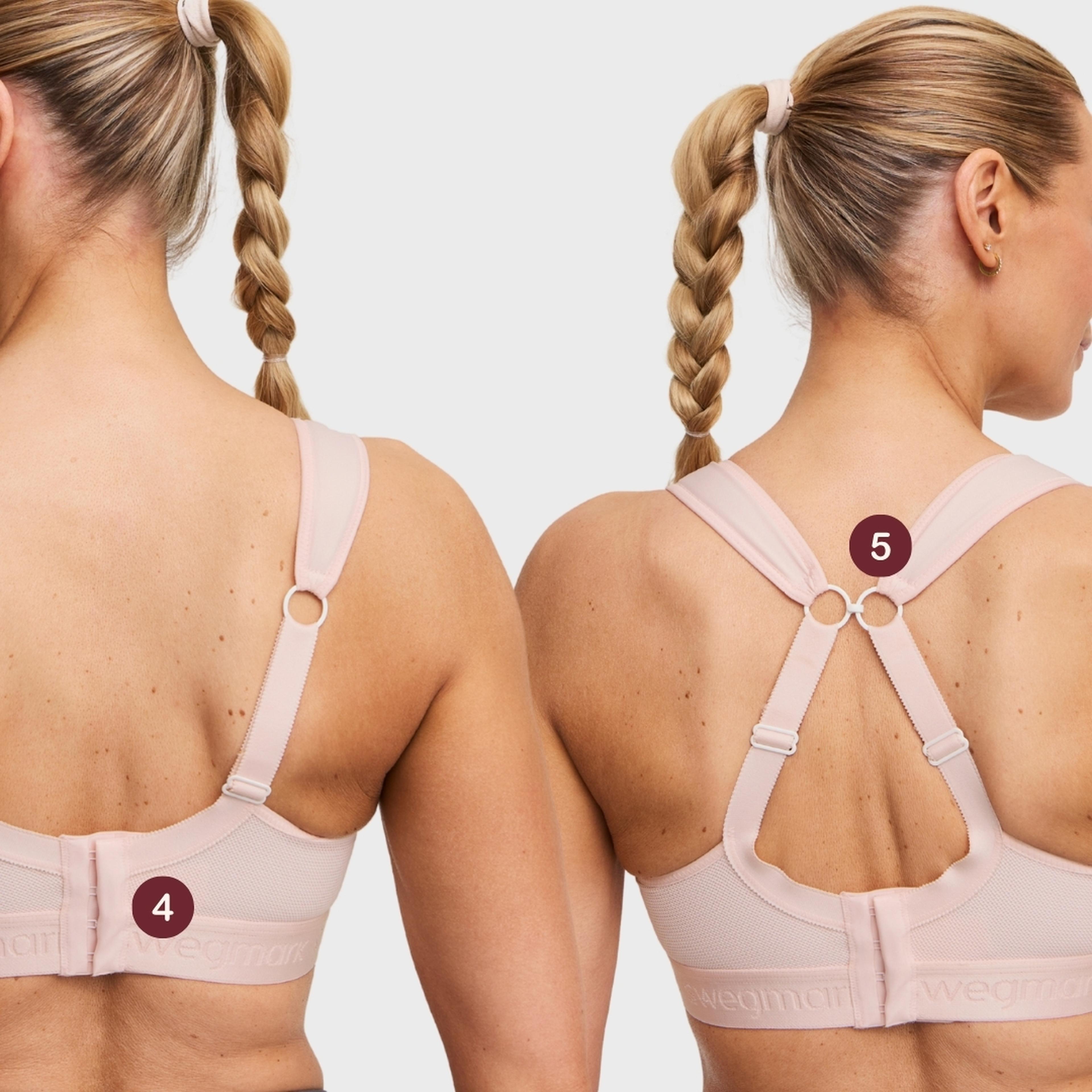 Two women showing back views of a Swegmark pink sports bra, labeled 4 and 5, highlighting straight straps vs crossback strap design.