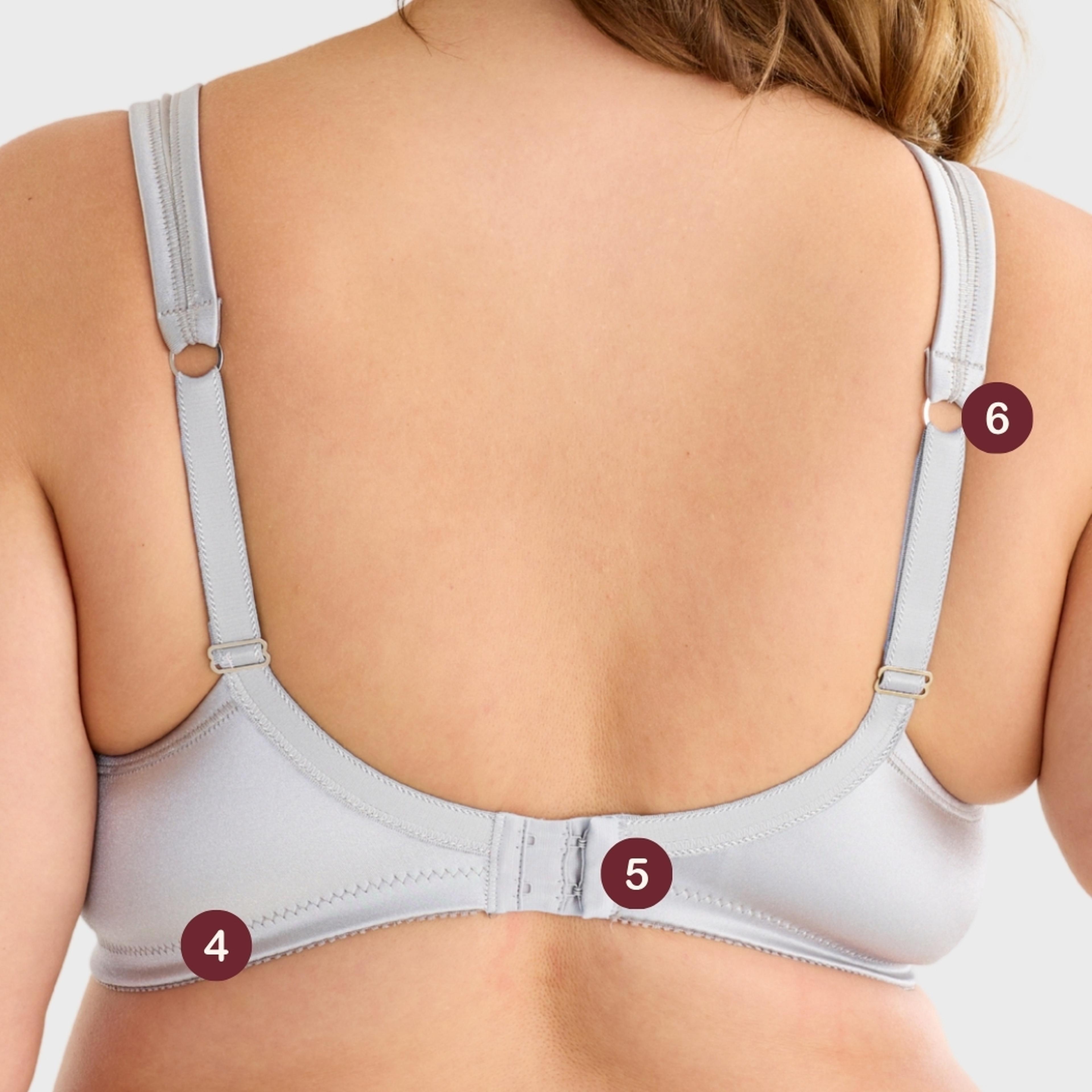 Back view of a Swegmark light grey bra with numbered labels 4, 5, and 6 highlighting the band, clasp, and adjustable strap features.