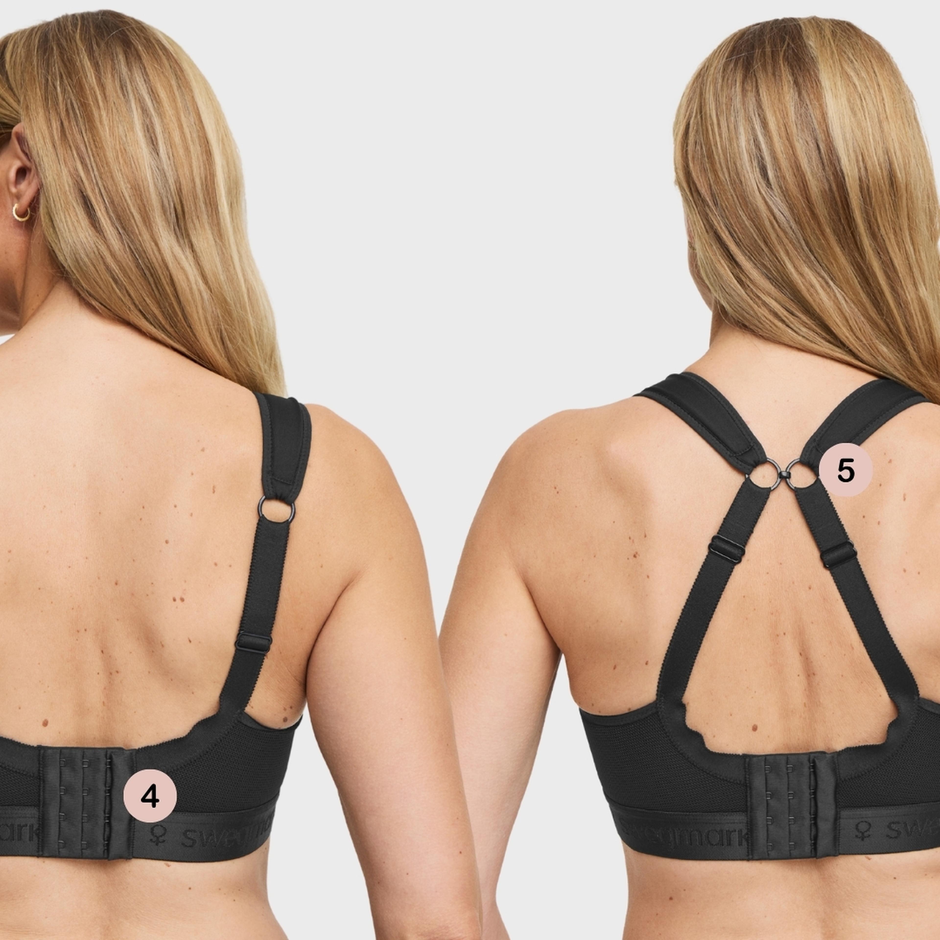 Two women showing back view of black sports bra with labeled features: straight straps (4) and racerback crossover strap style (5).