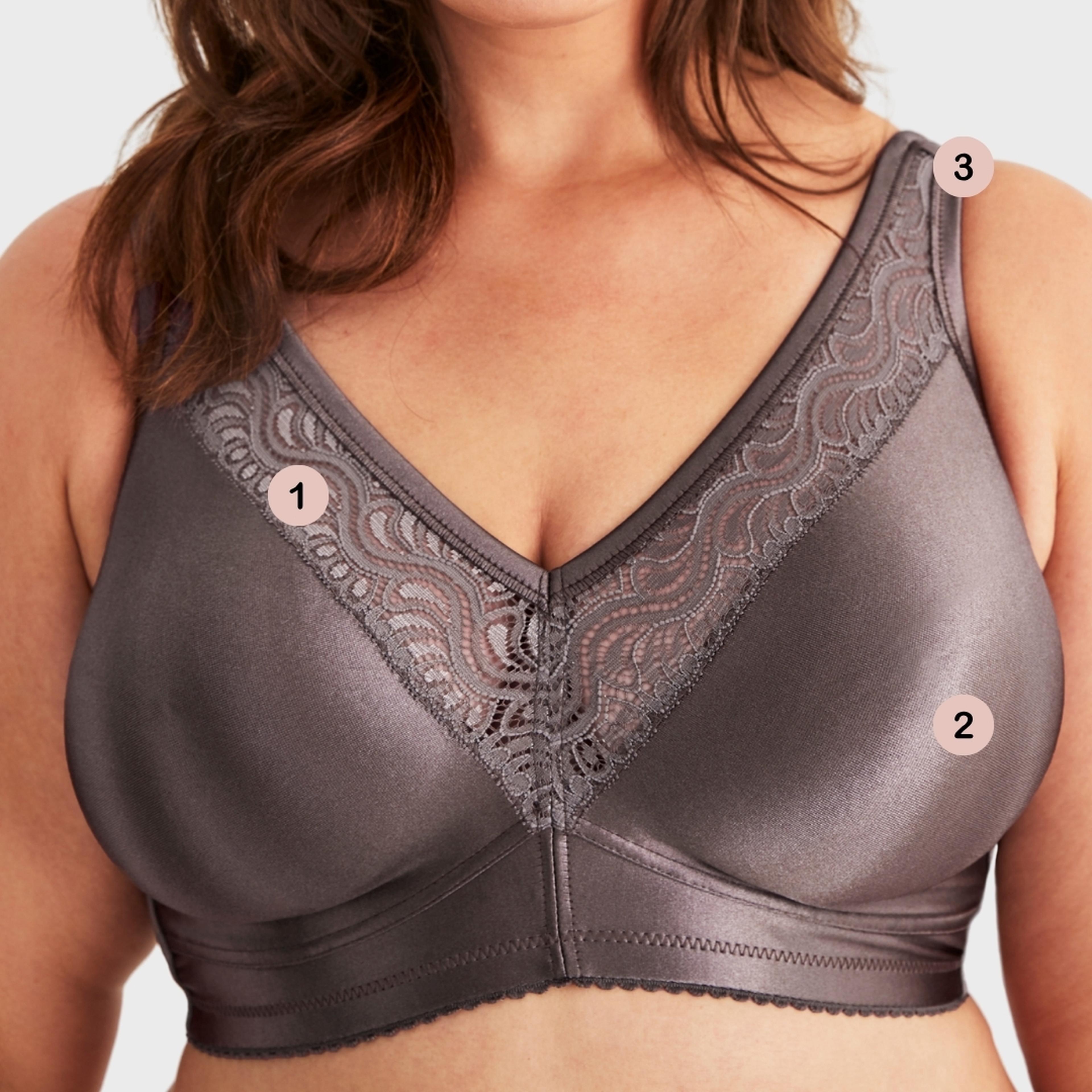 Praline Swegmark wireless bra with lace V-neckline trim worn by a plus-size model, featuring numbered callouts highlighting key design details.