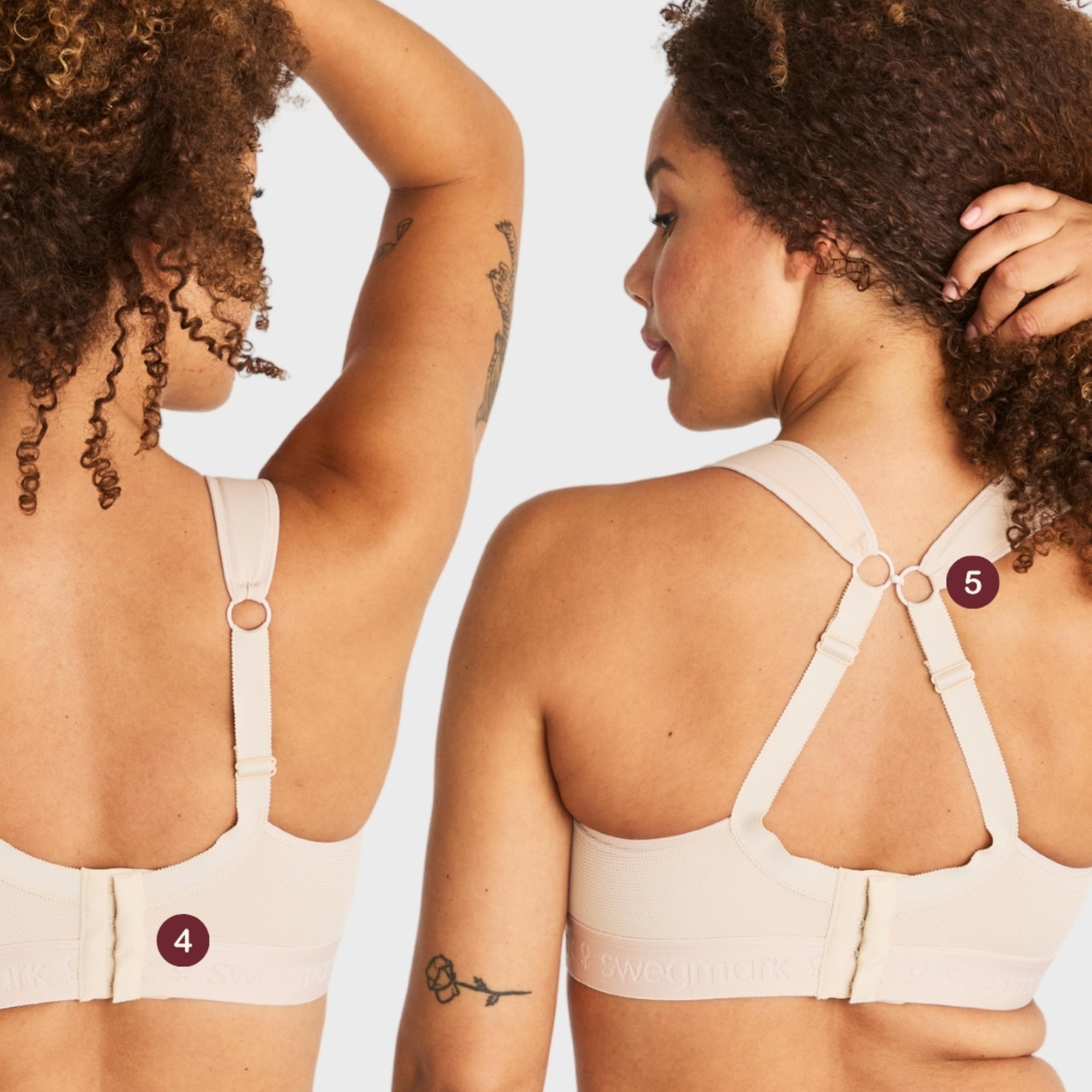 Two back views of a woman wearing a Swegmark beige sports bra, showing hook-and-eye closure (4) and racerback strap design (5).