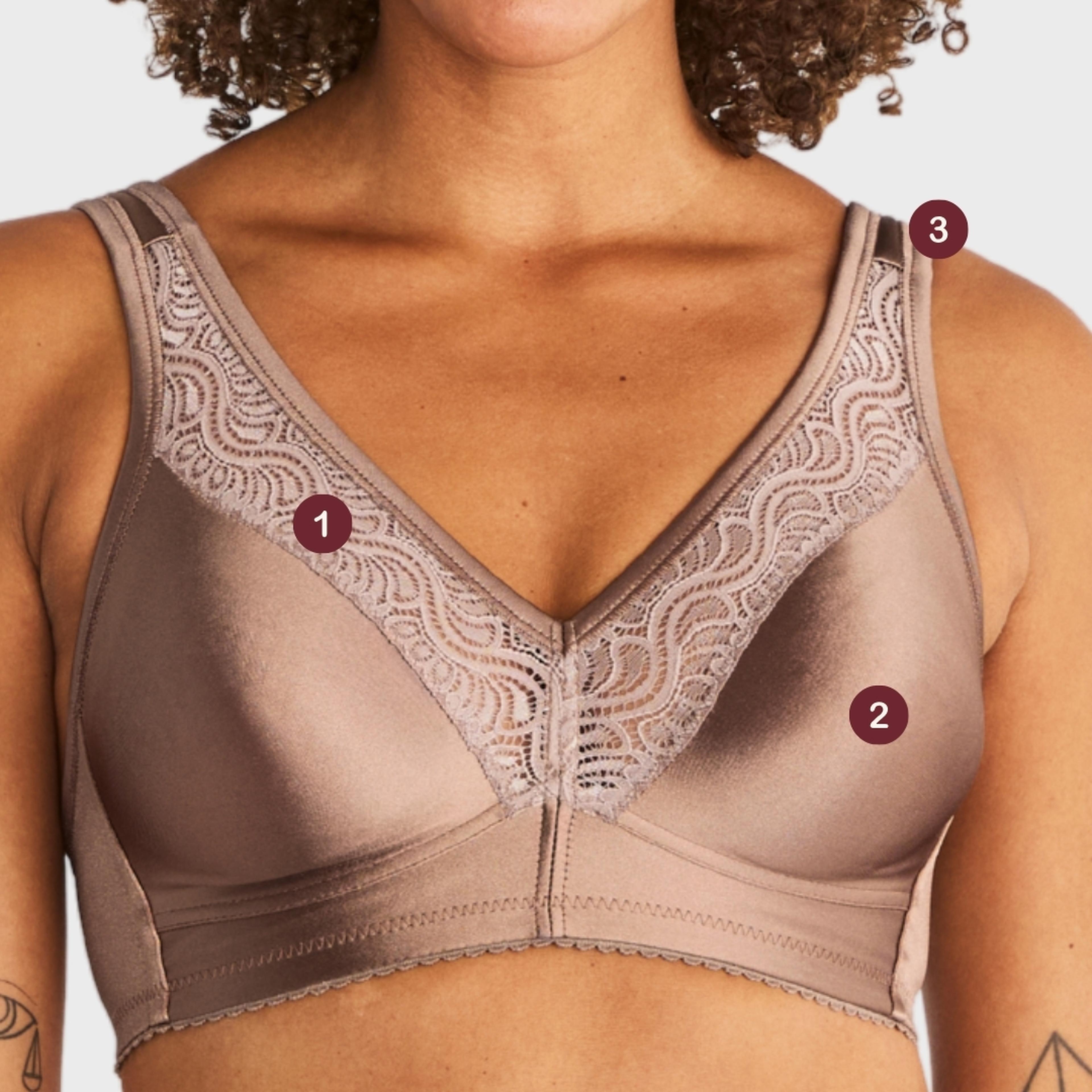 Woman wearing a Swegmark nougat wireless bra with lace trim neckline, labeled with numbered feature callouts 1, 2, and 3.