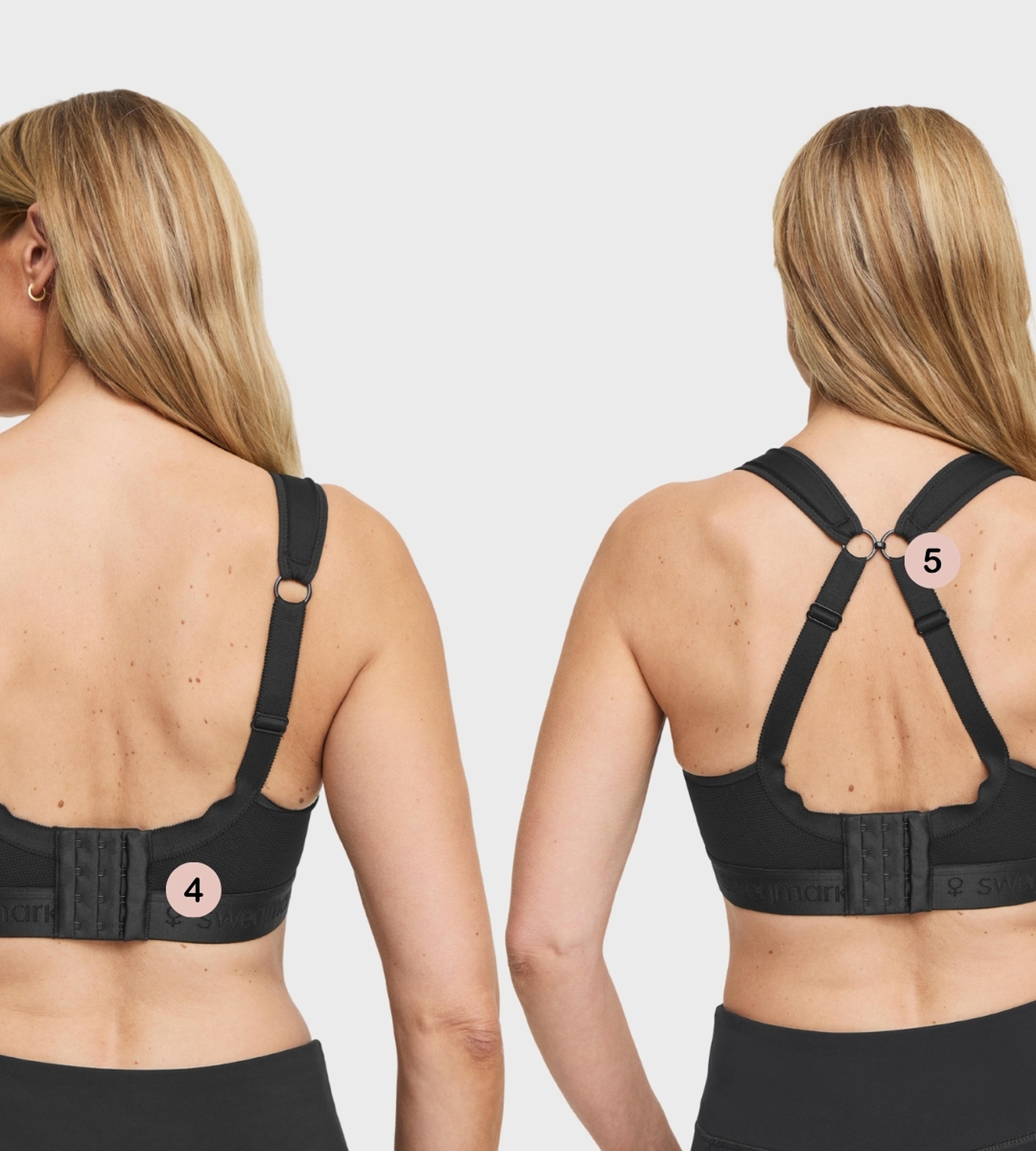 Two women showing back view of black sports bra with labeled features: hook-and-eye closure (4) and racerback strap connector (5).
