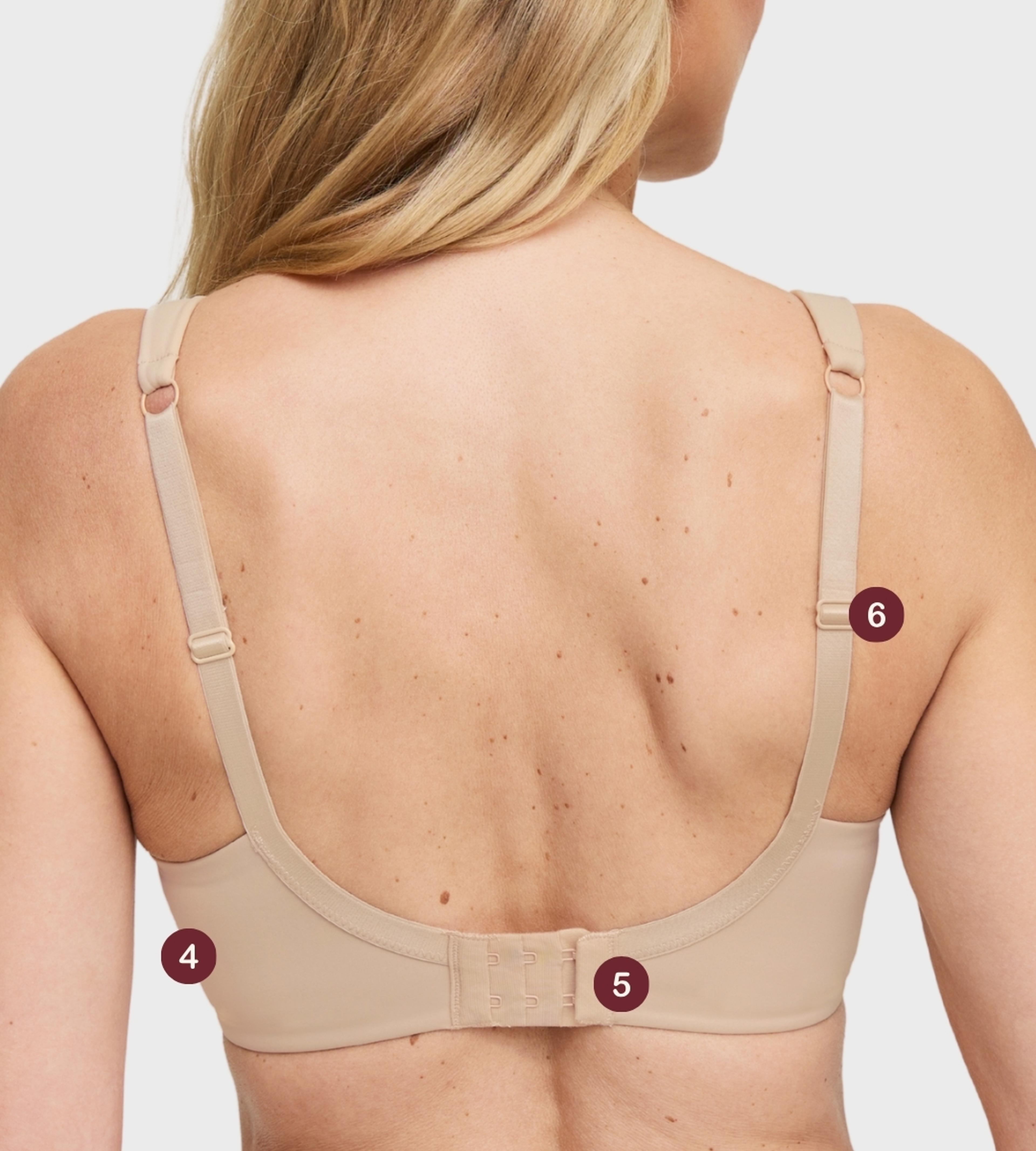 Back view of a woman wearing a Swegmark nude beige bra with numbered labels 4, 5, and 6 highlighting the band, clasp, and strap features.