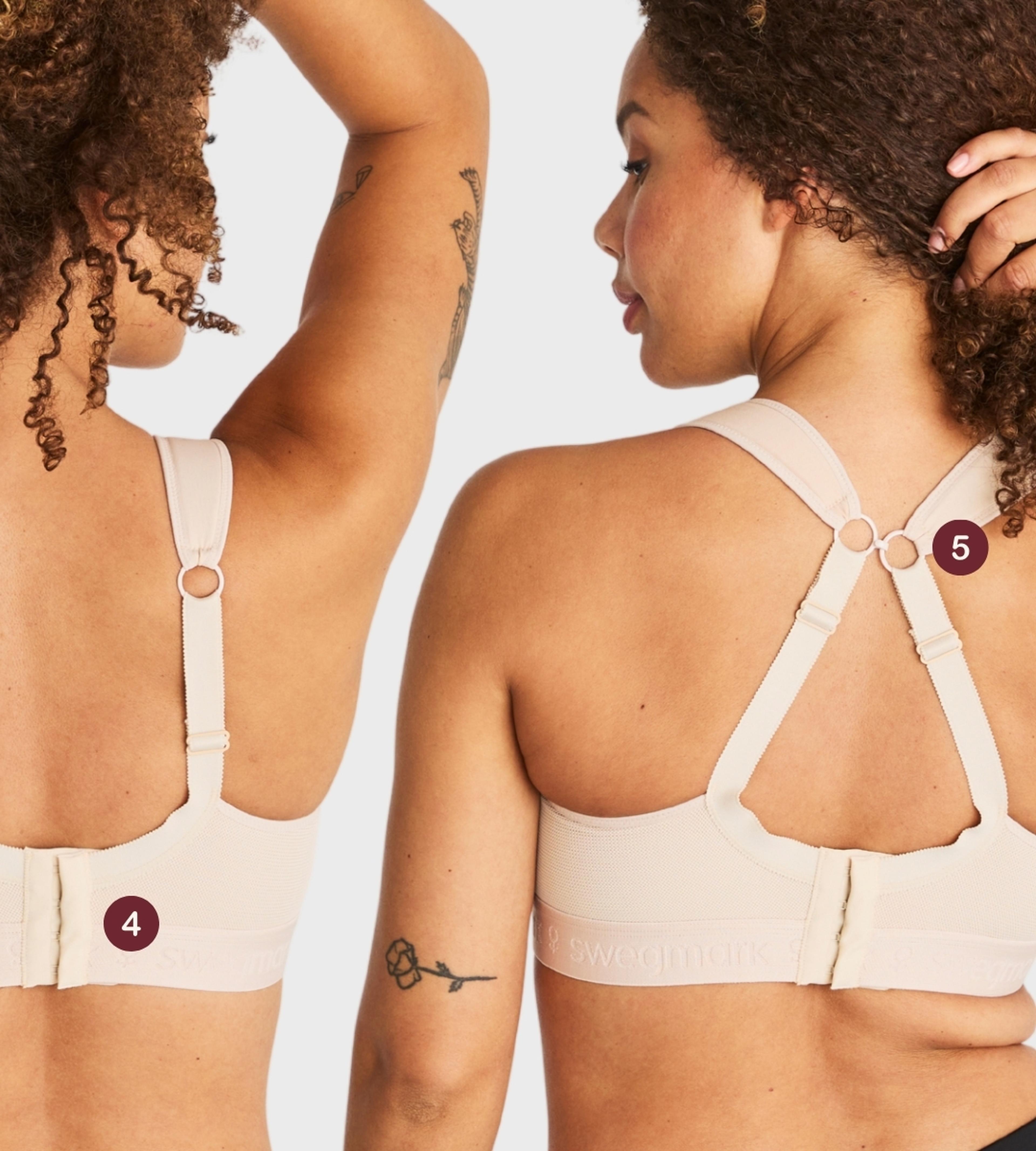 Two views of a woman wearing a swegmark beige sports bra, showing back closure detail labeled 4 and crossback strap design labeled 5.
