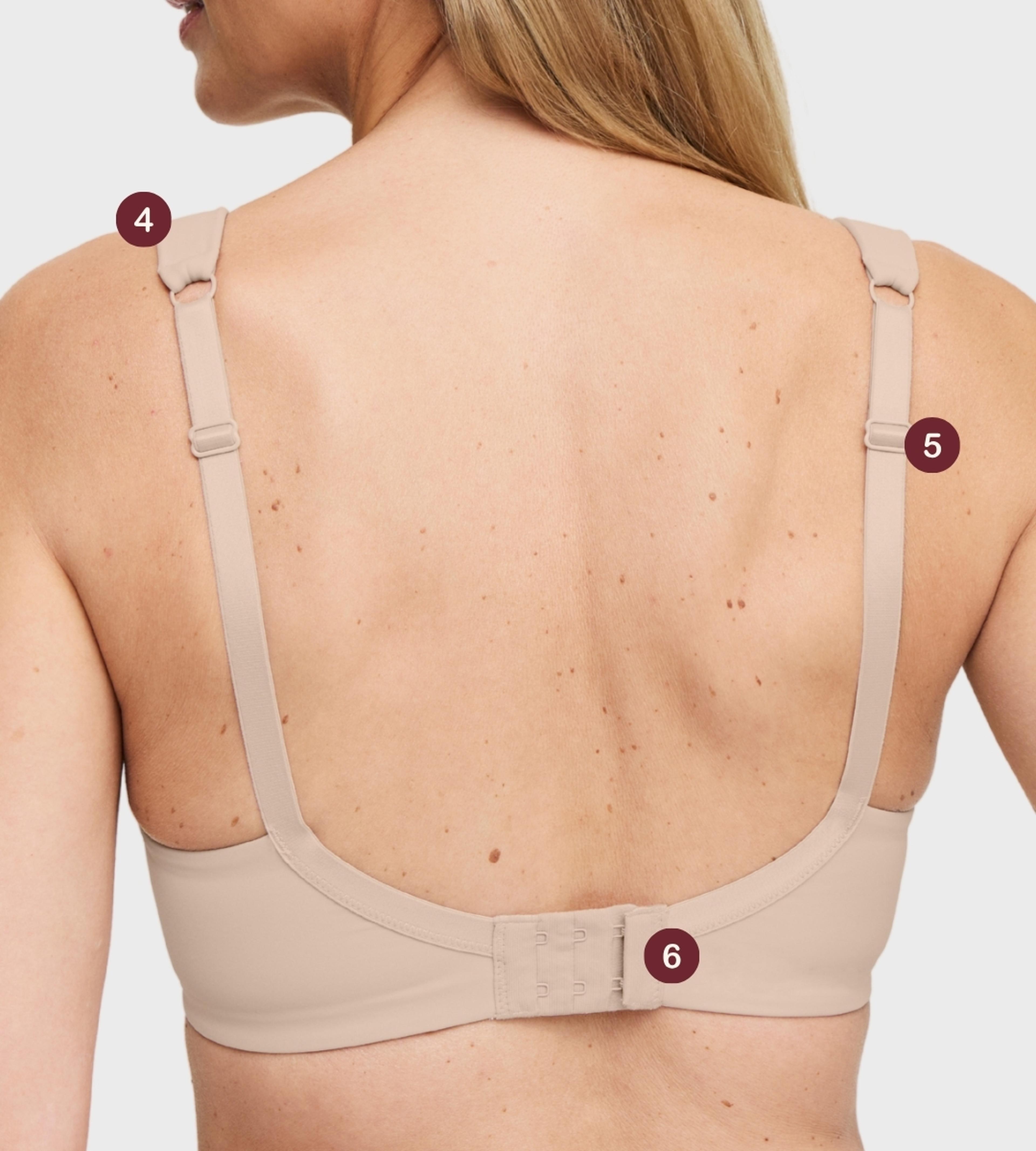 Back view of a woman wearing a Swegmark nude beige underwire bra with numbered labels 4, 5, and 6 highlighting straps and back closure features.