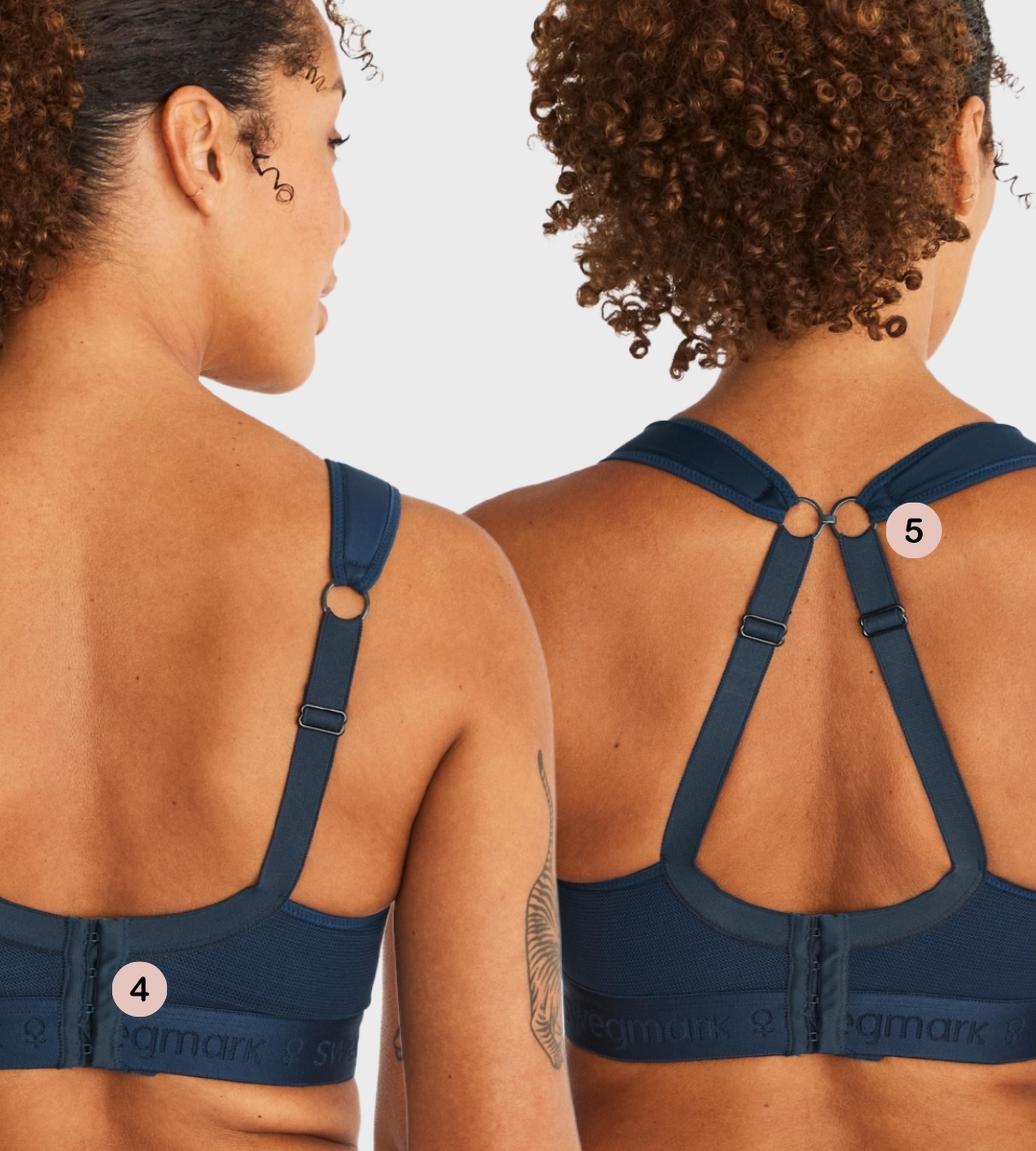 Two women modeling Swegmark navy blue sports bras from behind, showing adjustable straps and back closure features labeled 4 and 5.