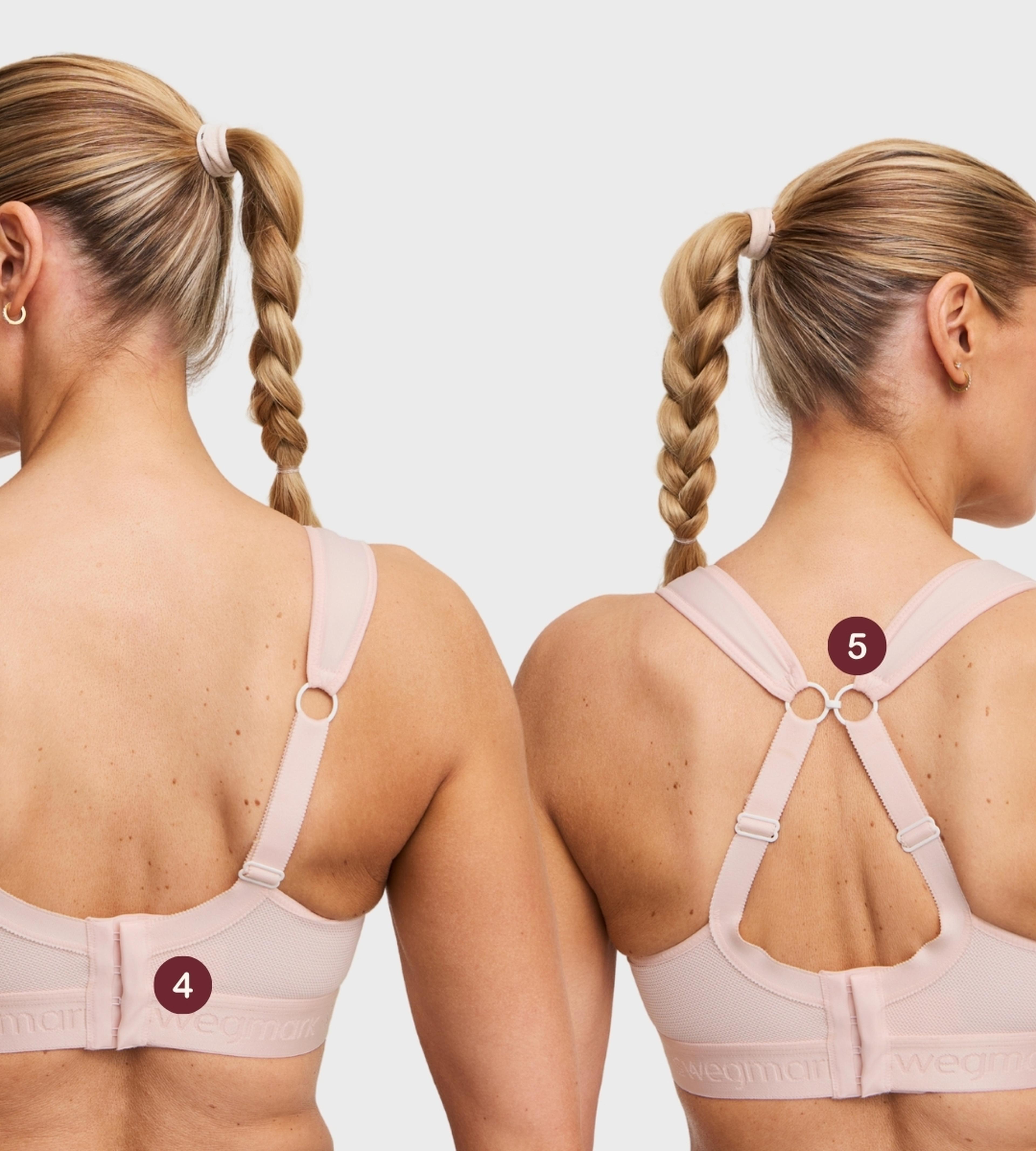 Two women showing back views of Swegmark pink sports bras with different strap styles labeled 4 and 5, featuring regular and racerback designs.