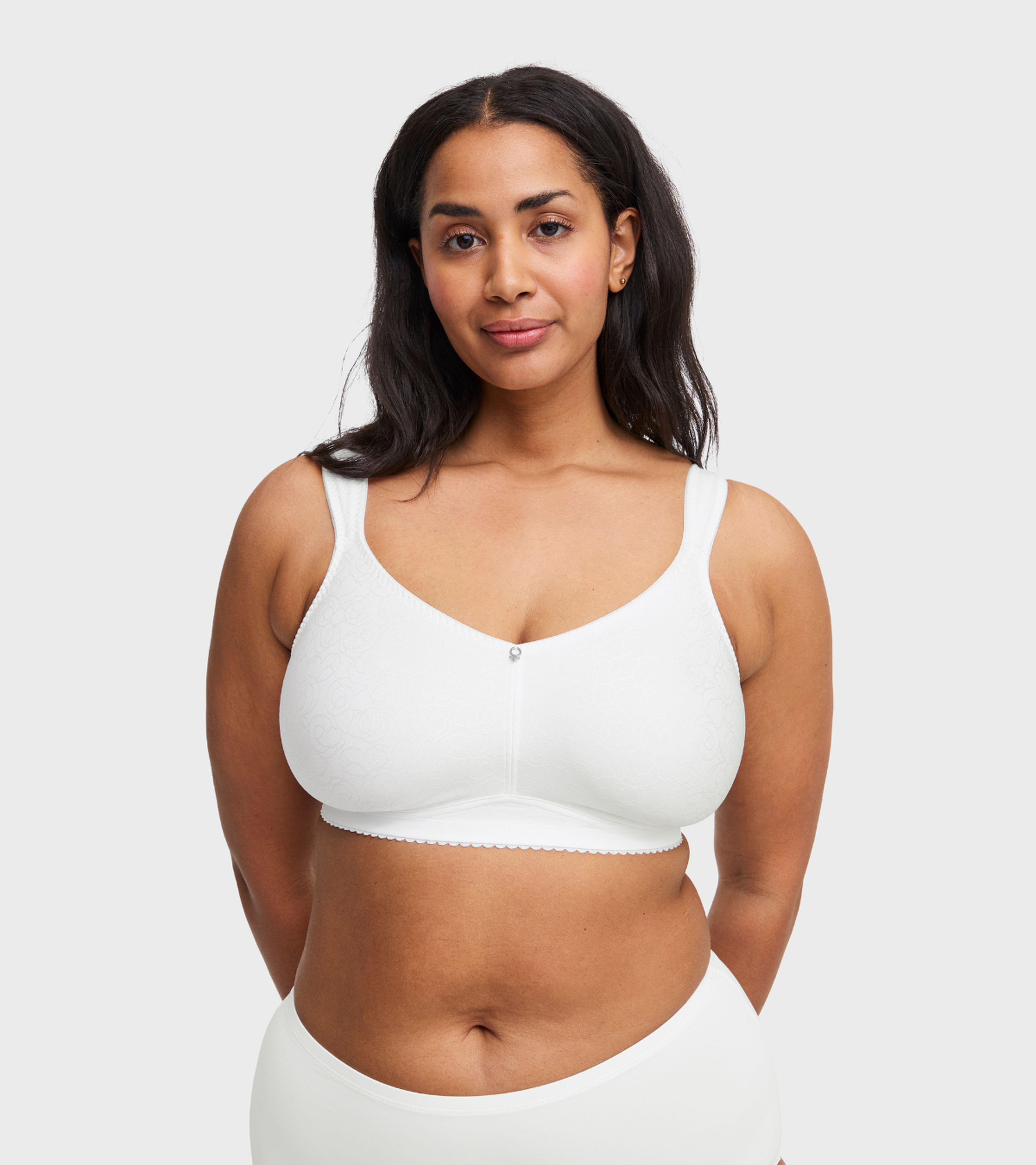Woman wearing a white wireless full-coverage bra with scalloped trim and subtle lace texture, paired with white underwear, on a light gray background.