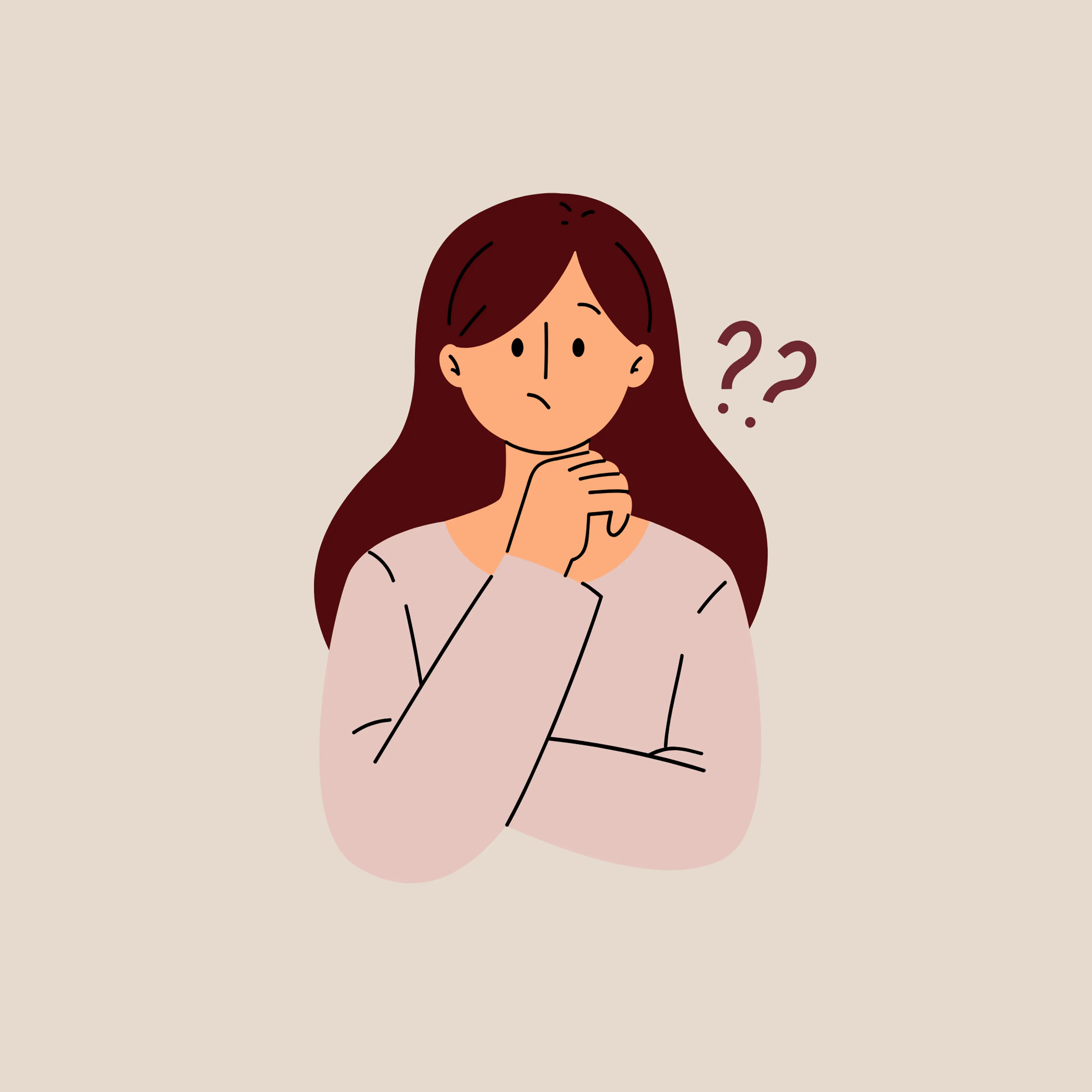 Cartoon illustration of a confused woman with long dark hair touching her chin thoughtfully, with two question marks beside her head.