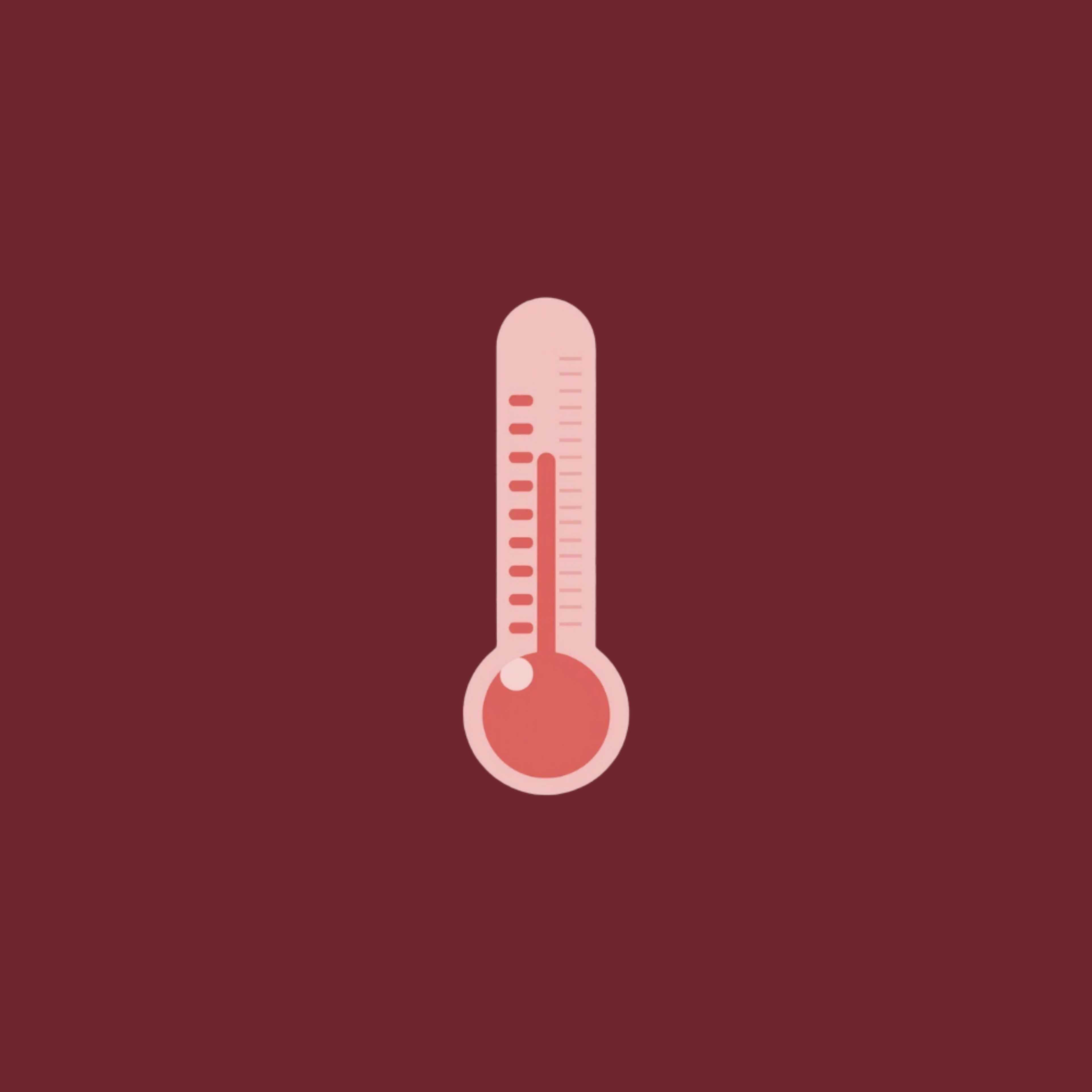 Pink thermometer icon with a red mercury bulb on a dark maroon background, showing a mid-level temperature reading.