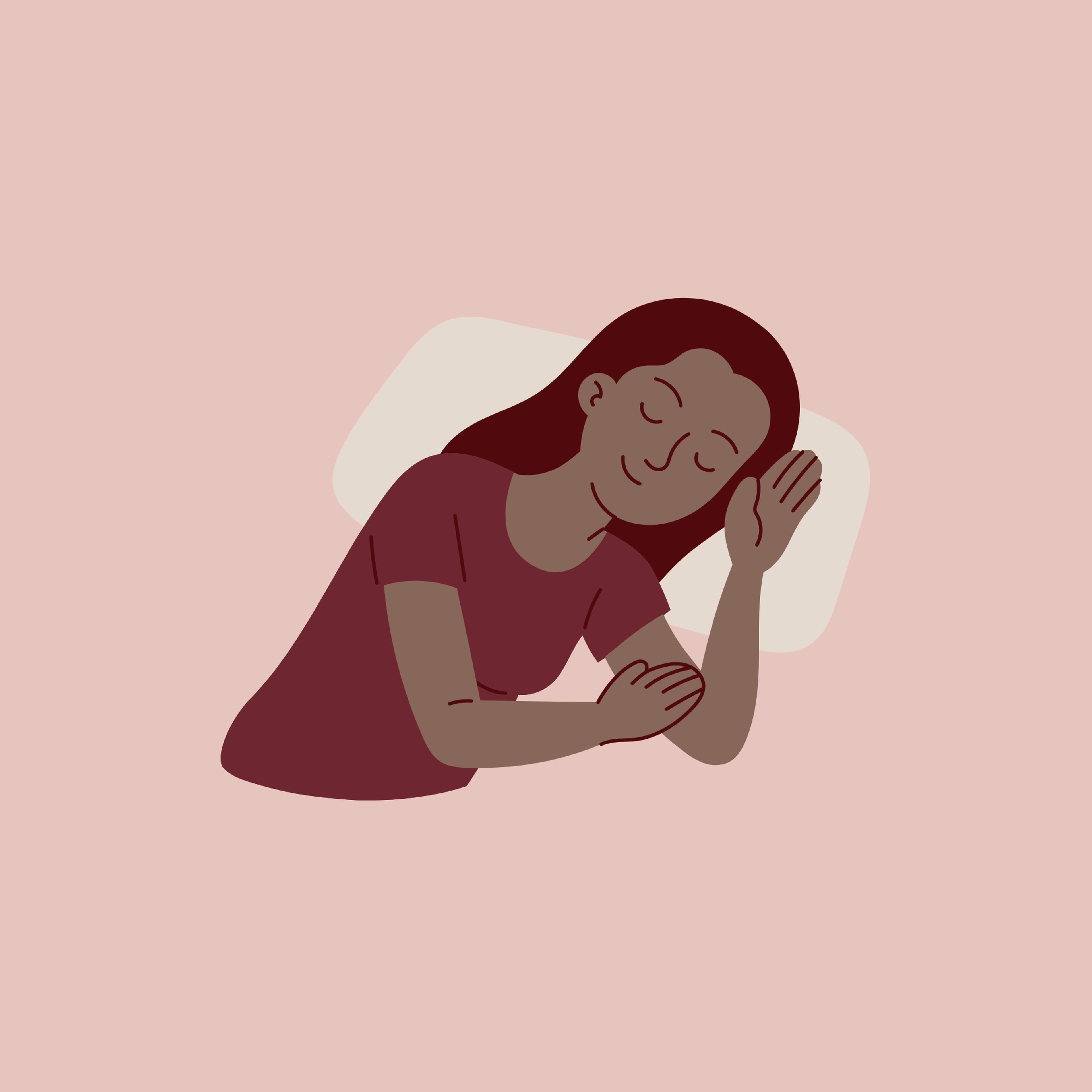 Illustrated woman with long dark hair resting her head peacefully with eyes closed, wearing a burgundy shirt on a pink background.