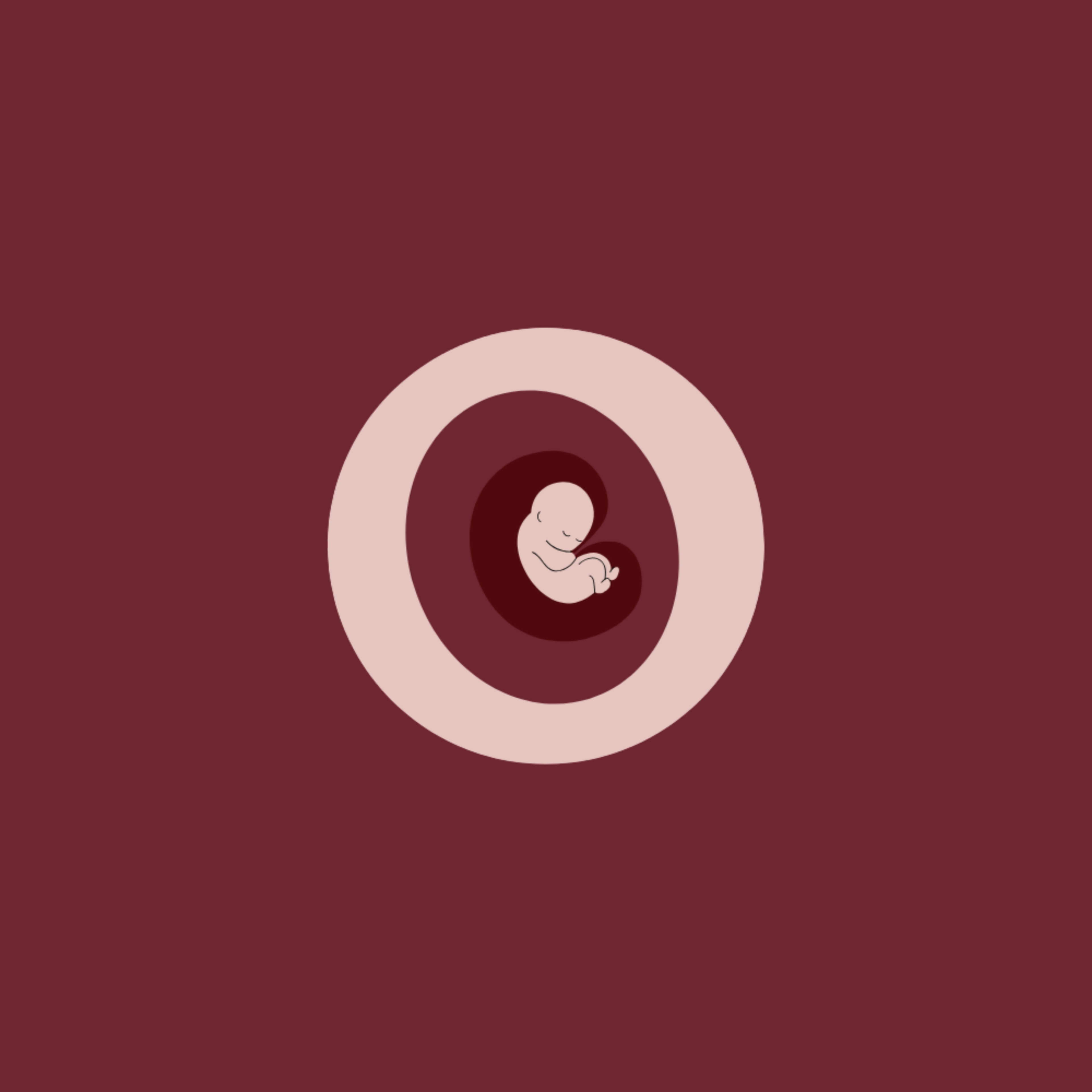 Minimalist illustration of a fetus curled inside a circular womb shape on a dark red background, depicted in soft pink tones.