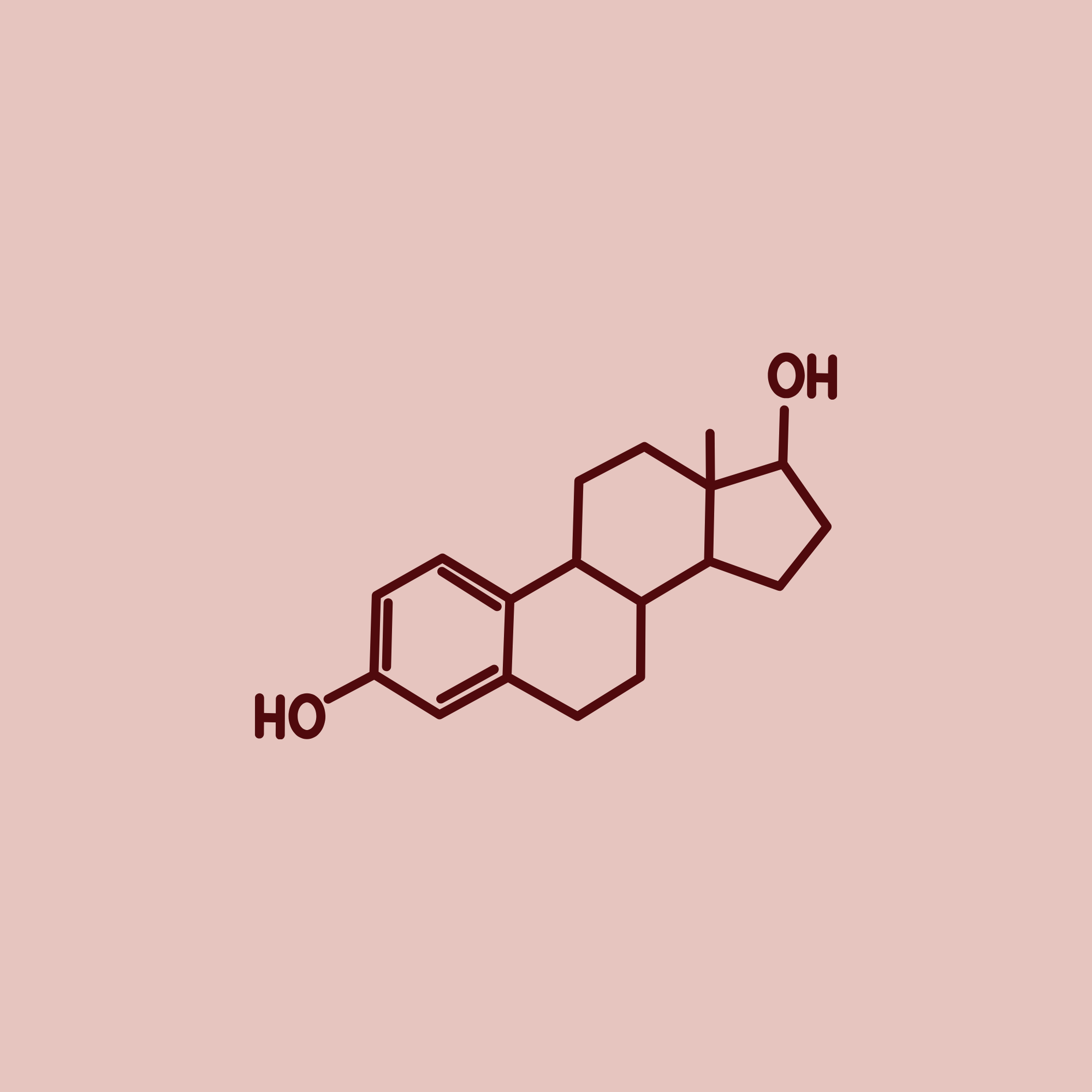Chemical structure diagram of estradiol (E2) hormone molecule with OH groups, drawn in dark red on a pink background.