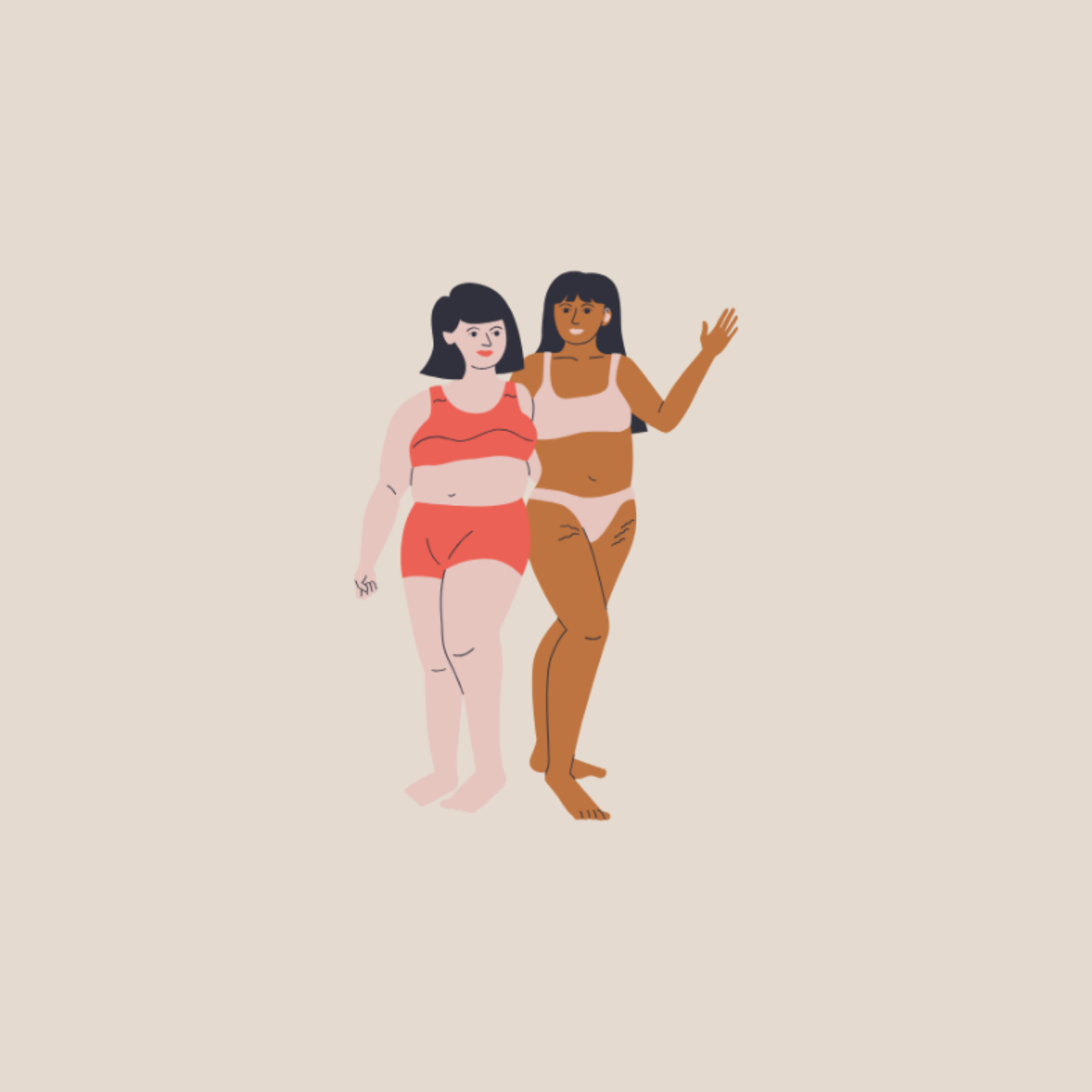 Two illustrated women of different body types and skin tones standing together in underwear, one waving, promoting body positivity.