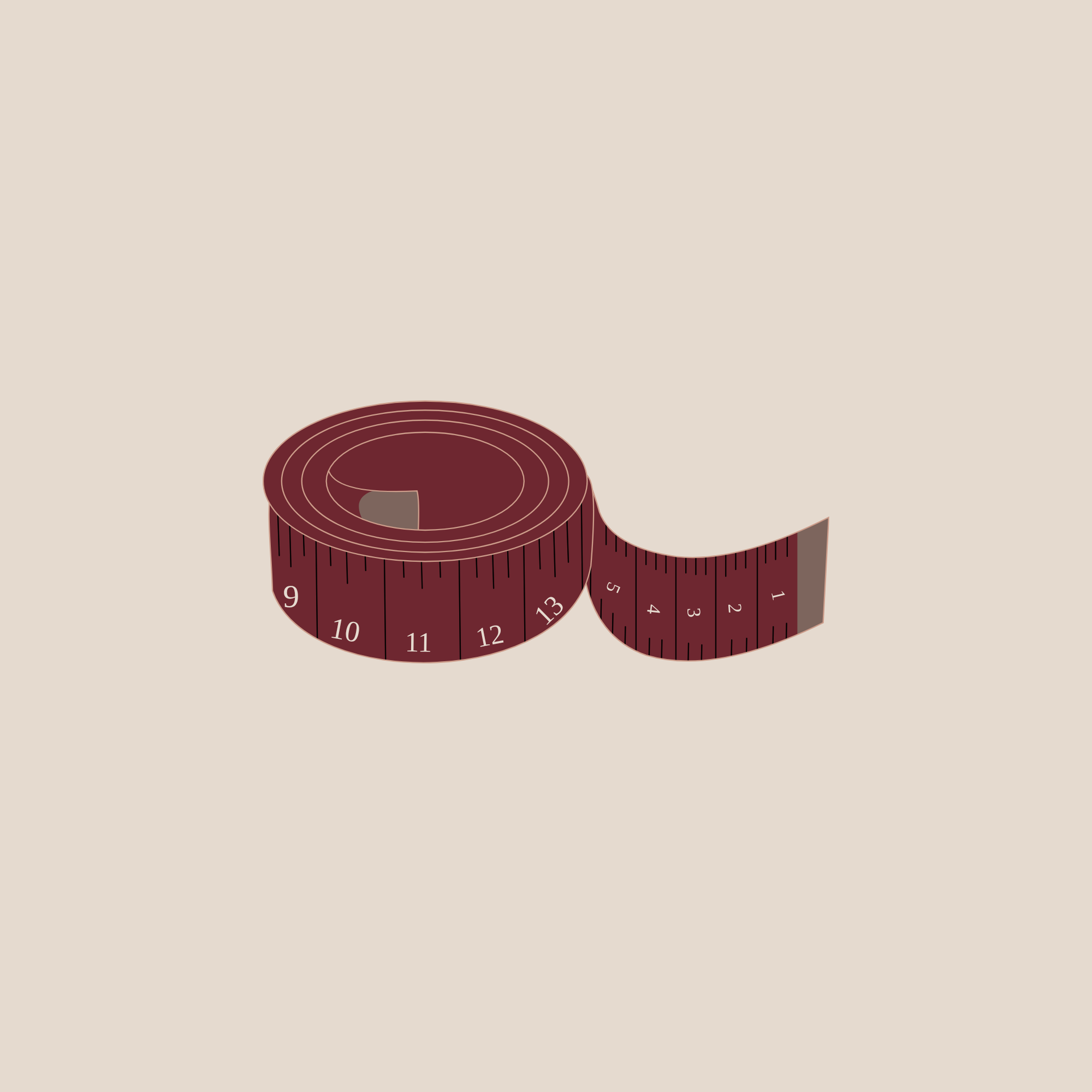 Dark red tailor's measuring tape rolled up with end unrolled, showing numbered markings, on a beige background