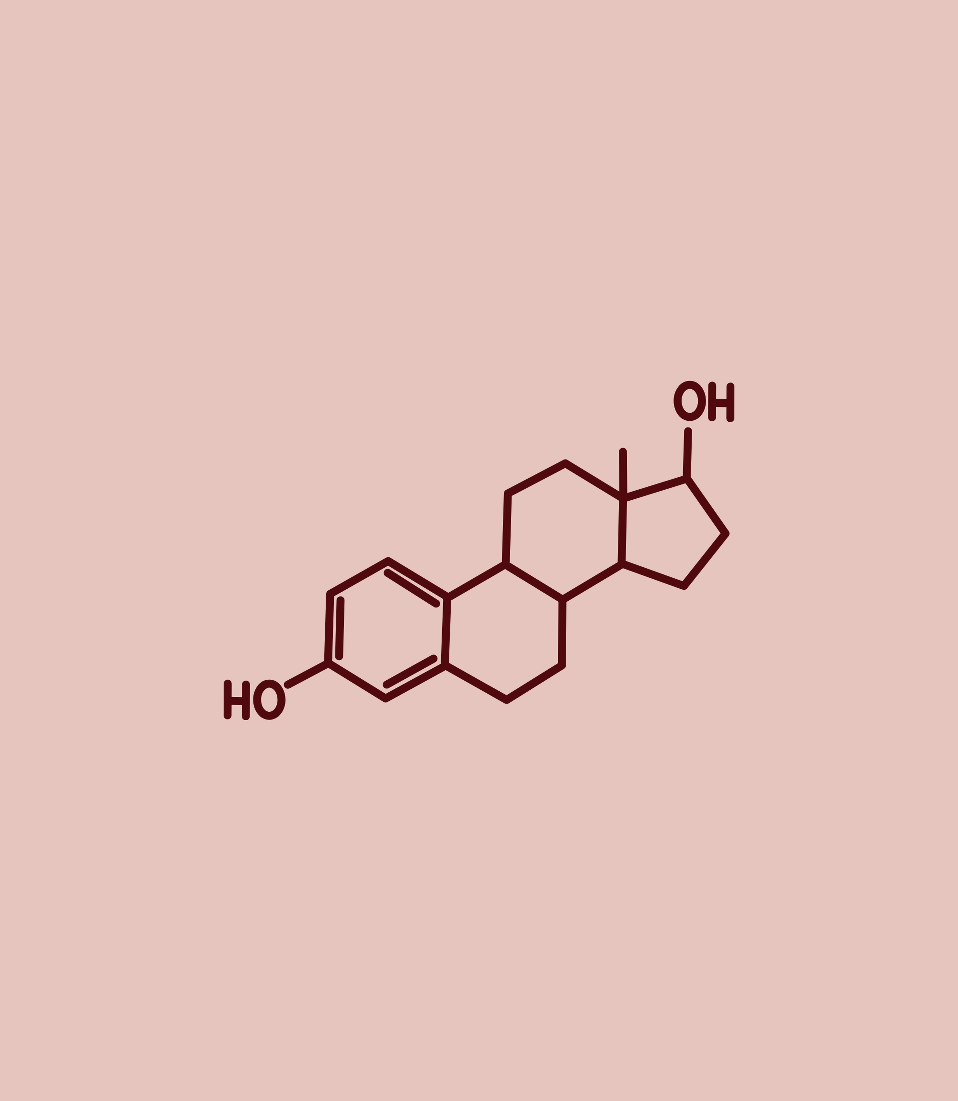 Chemical structure of estradiol (estrogen) with two OH groups, drawn in dark red on a pink background.