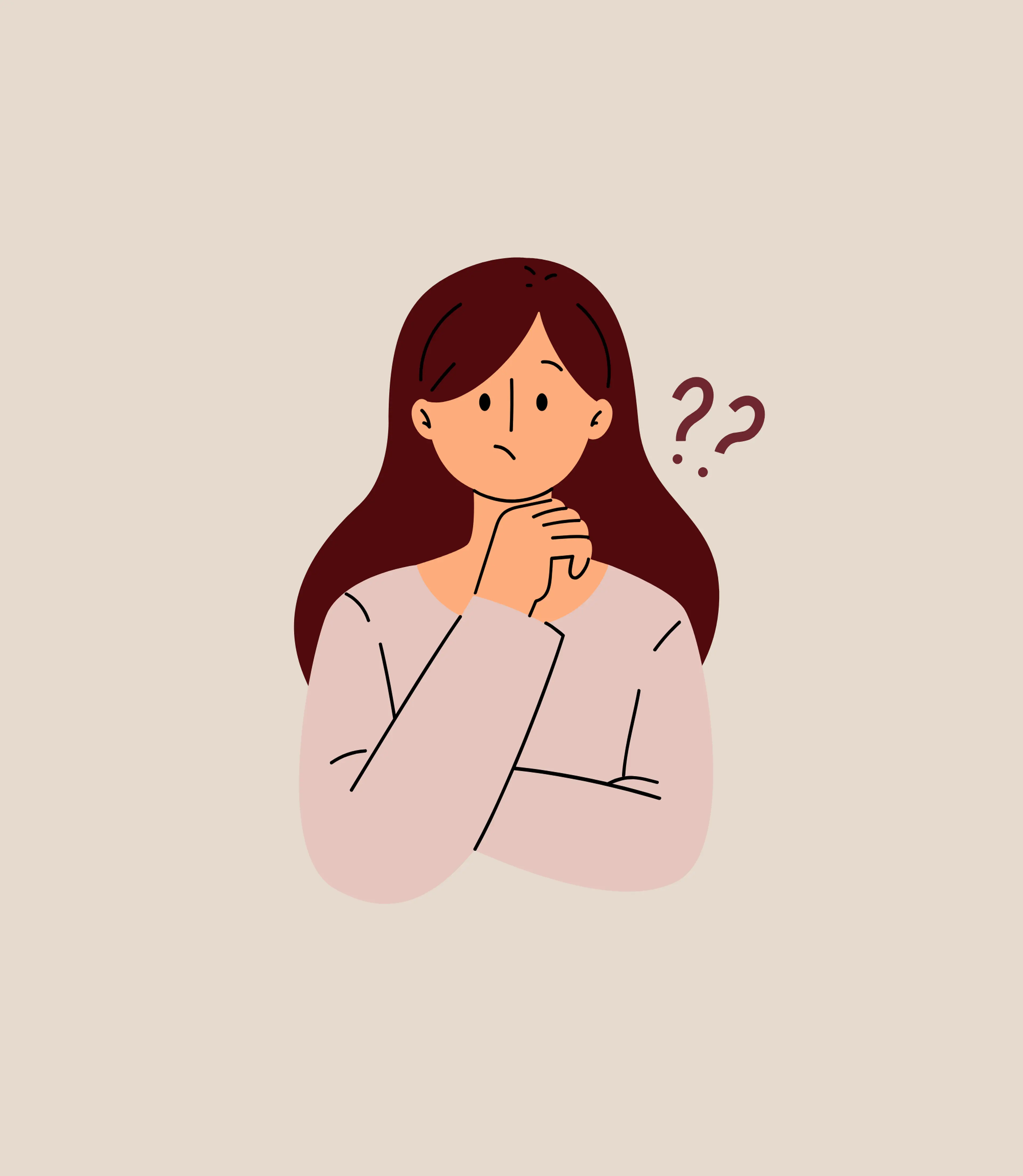 Cartoon illustration of a confused young woman with long dark hair, hand on chin, with question marks beside her head