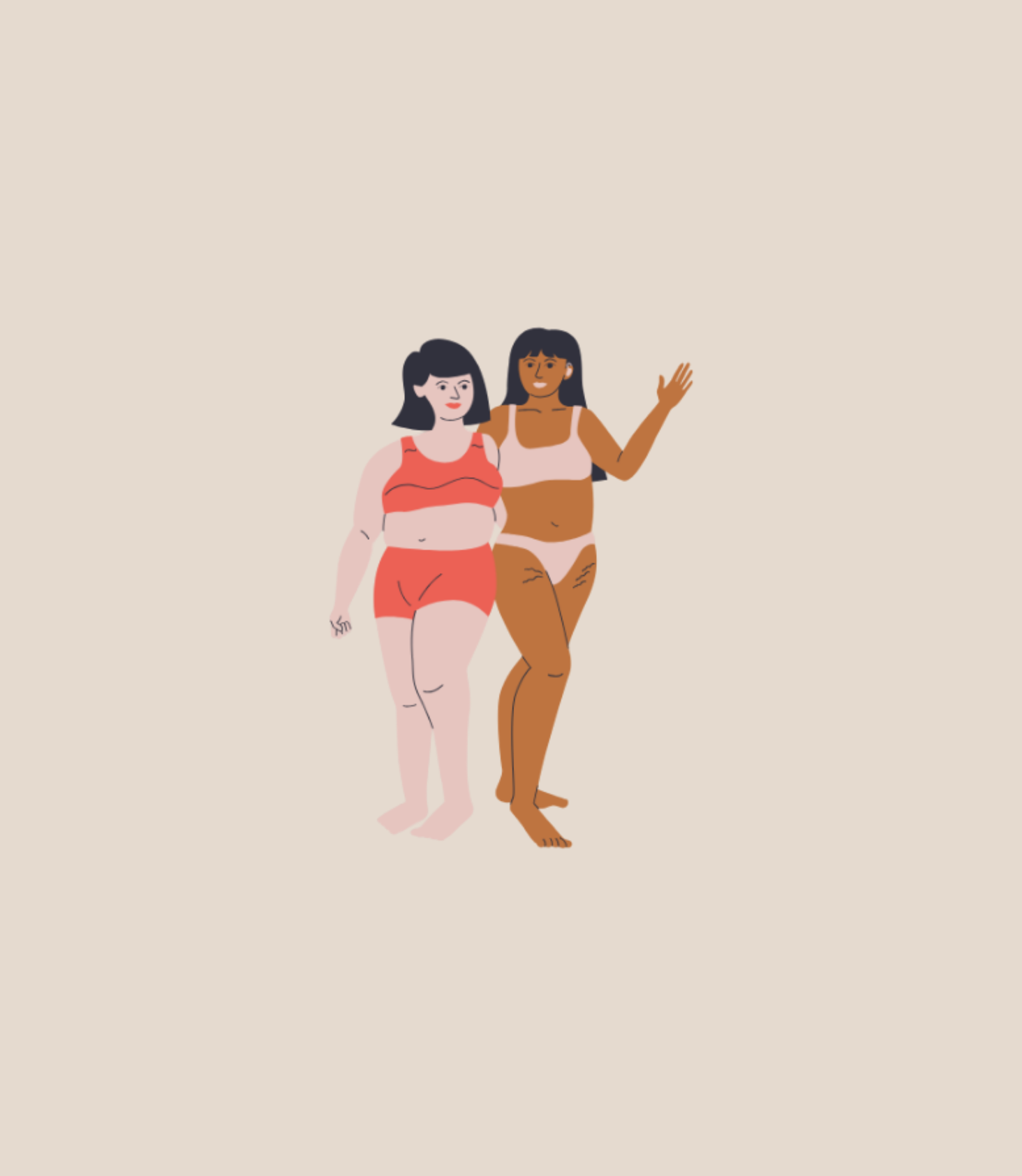 Two illustrated women of different body types and skin tones standing together in swimwear, one waving, on a beige background.