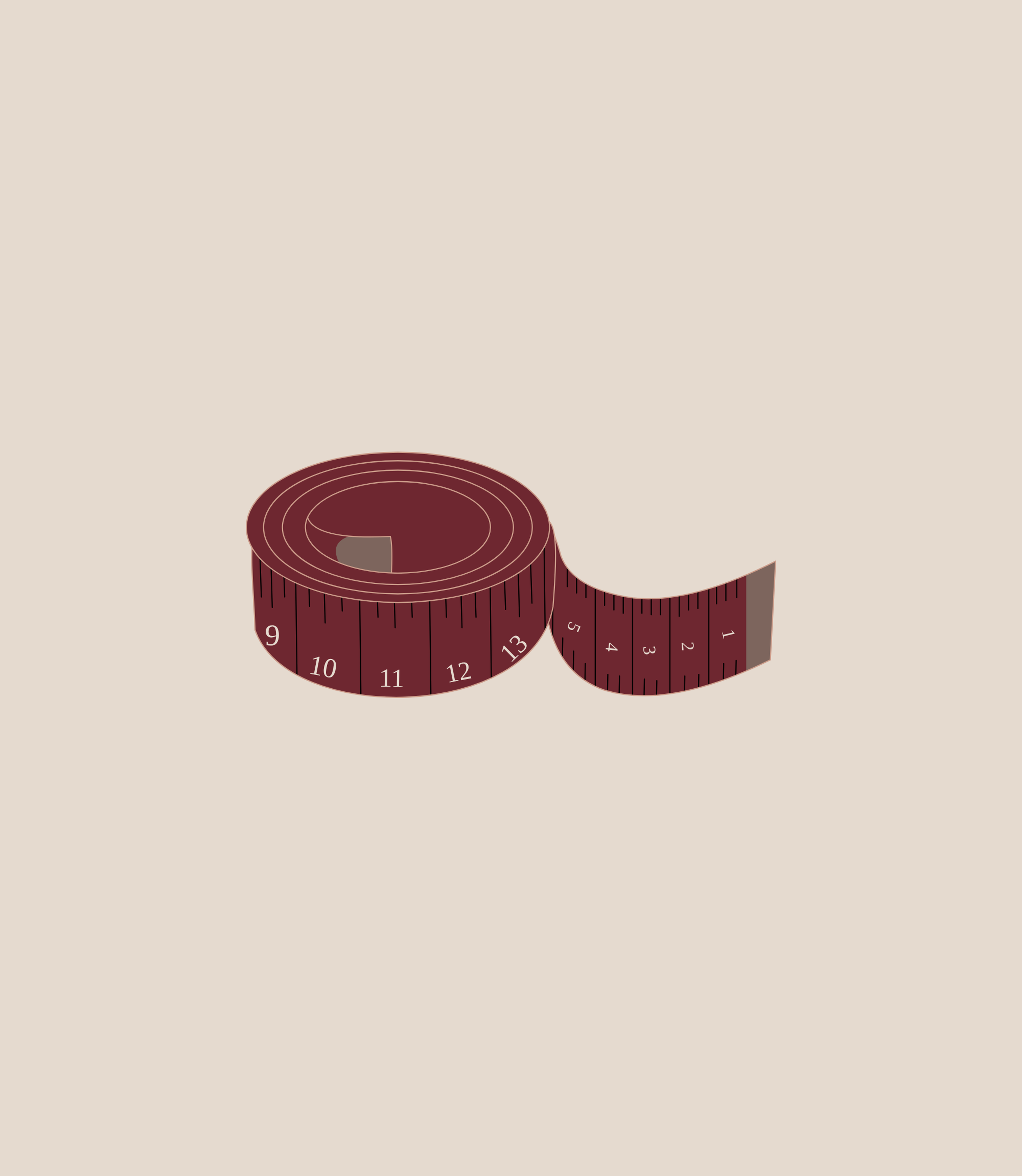 Illustration of a rolled dark red tailor's measuring tape with white numbered markings on a beige background.