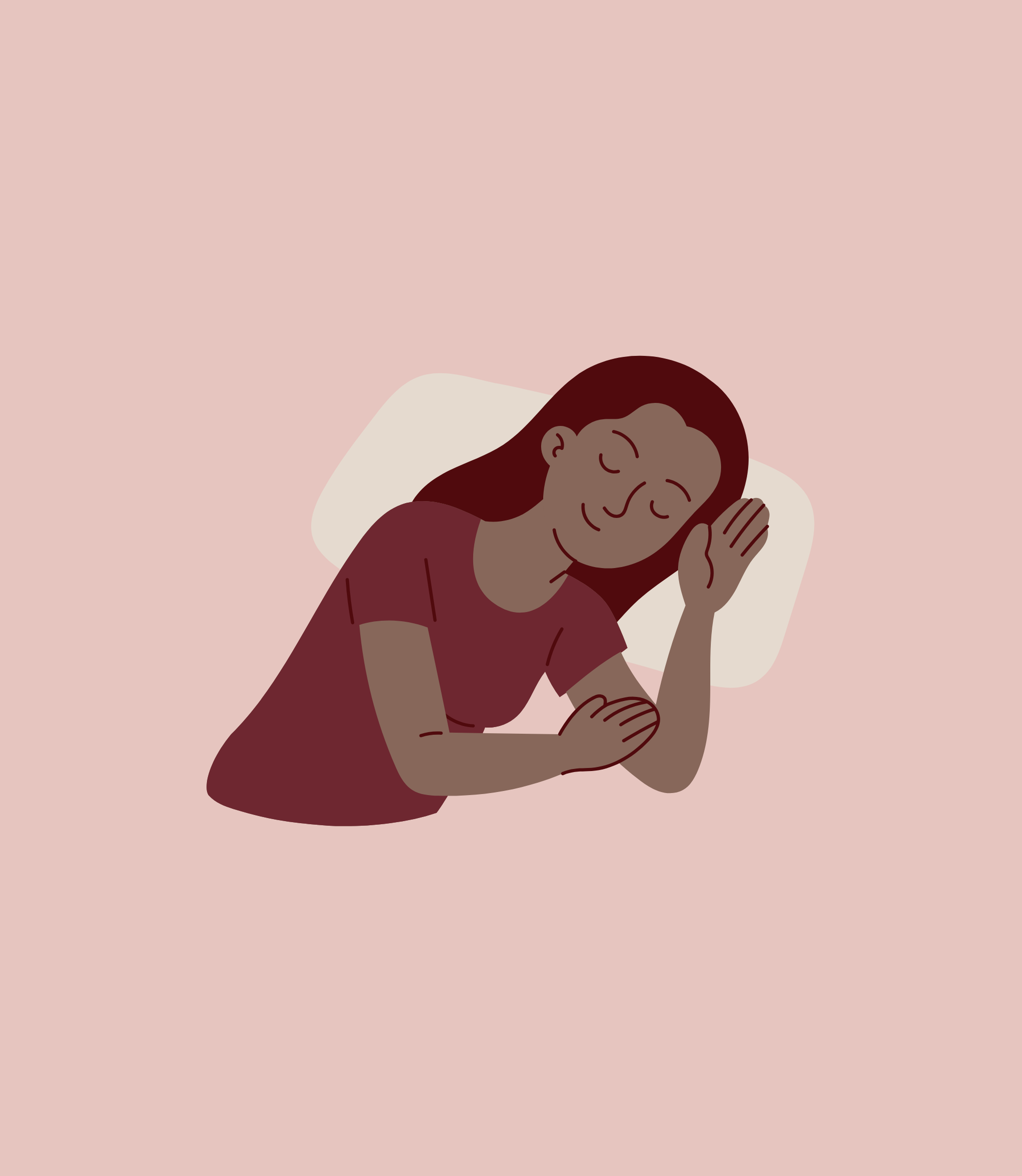 Illustration of a relaxed woman with long dark hair resting her head on her hands with eyes closed, on a pink background.