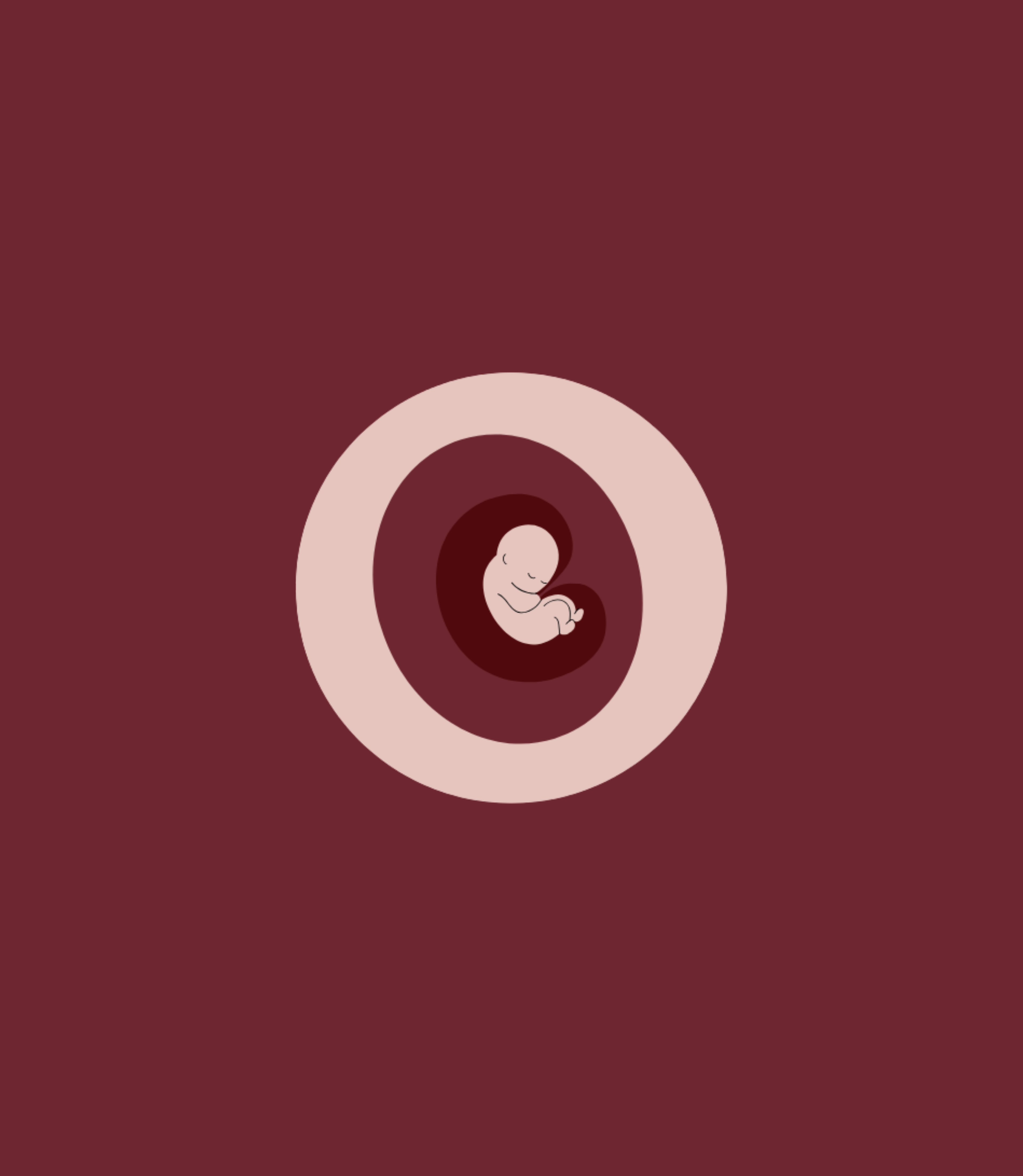 Minimalist illustration of a fetus curled inside a circular womb shape on a dark red background