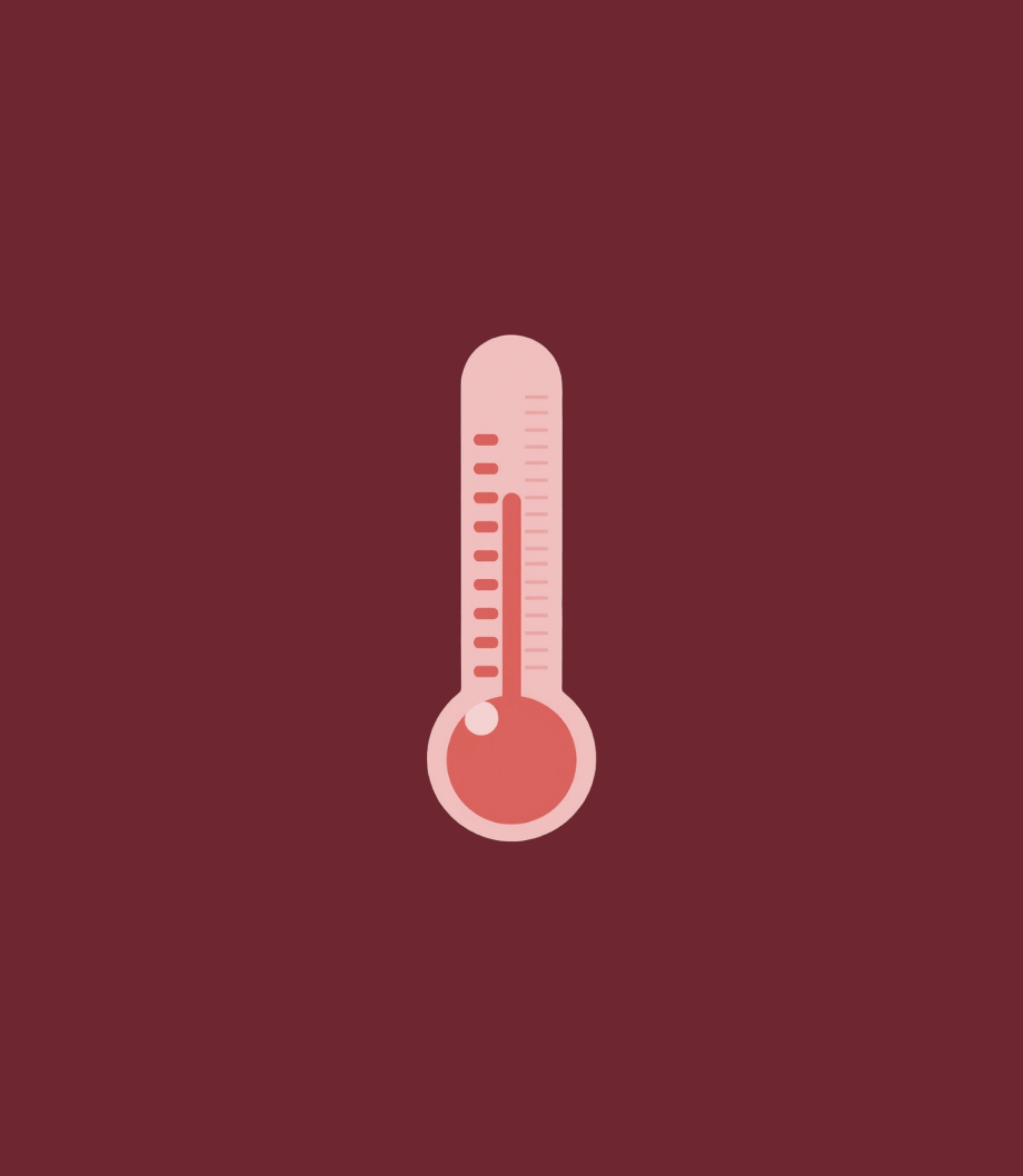 Pink thermometer icon with high temperature reading on a dark red background