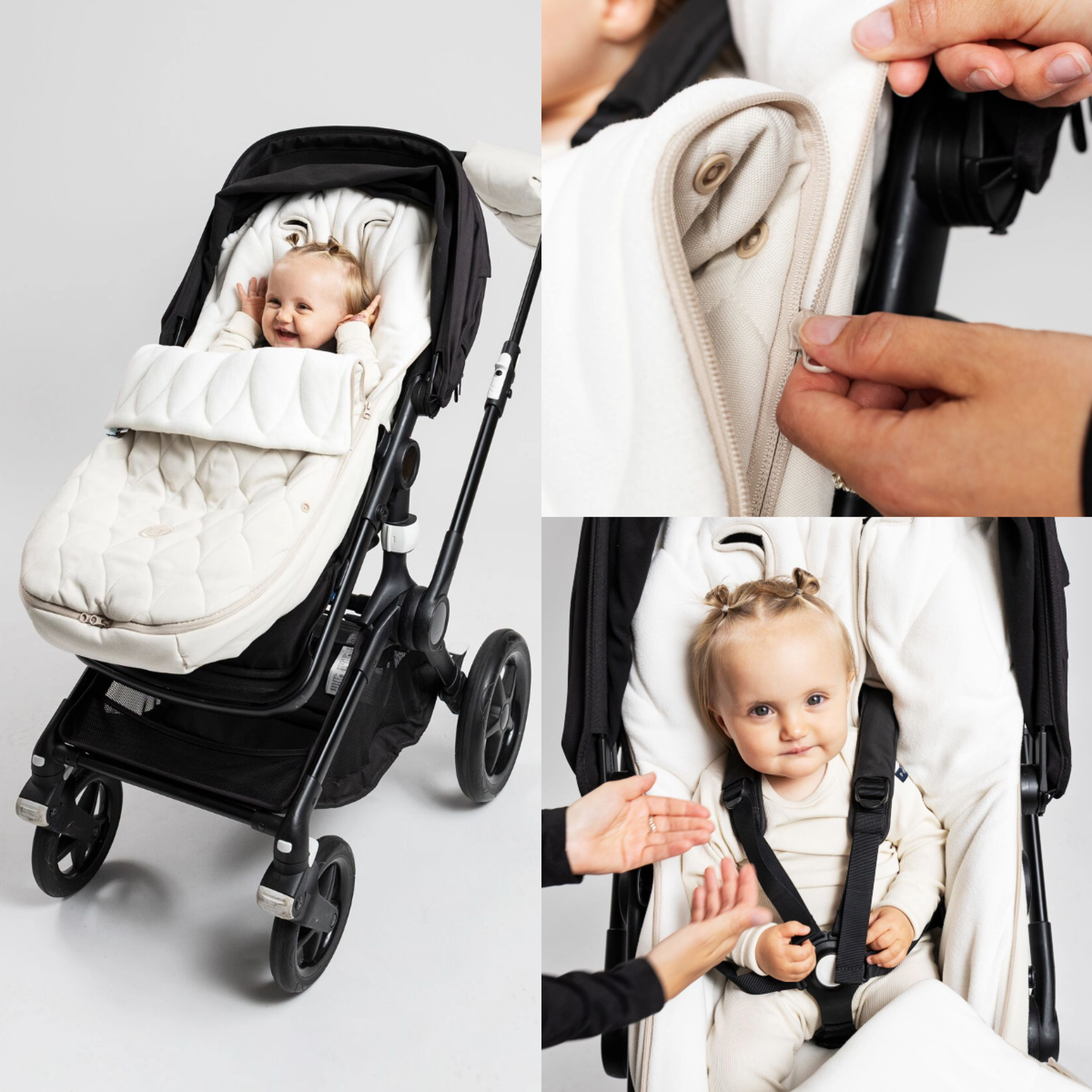 Universeller Fußsack für Kinderwagen mit Reißverschlussdetail und herausnehmbarem Oberteil, das als Kinderwagenauflage verwendet werden kann.