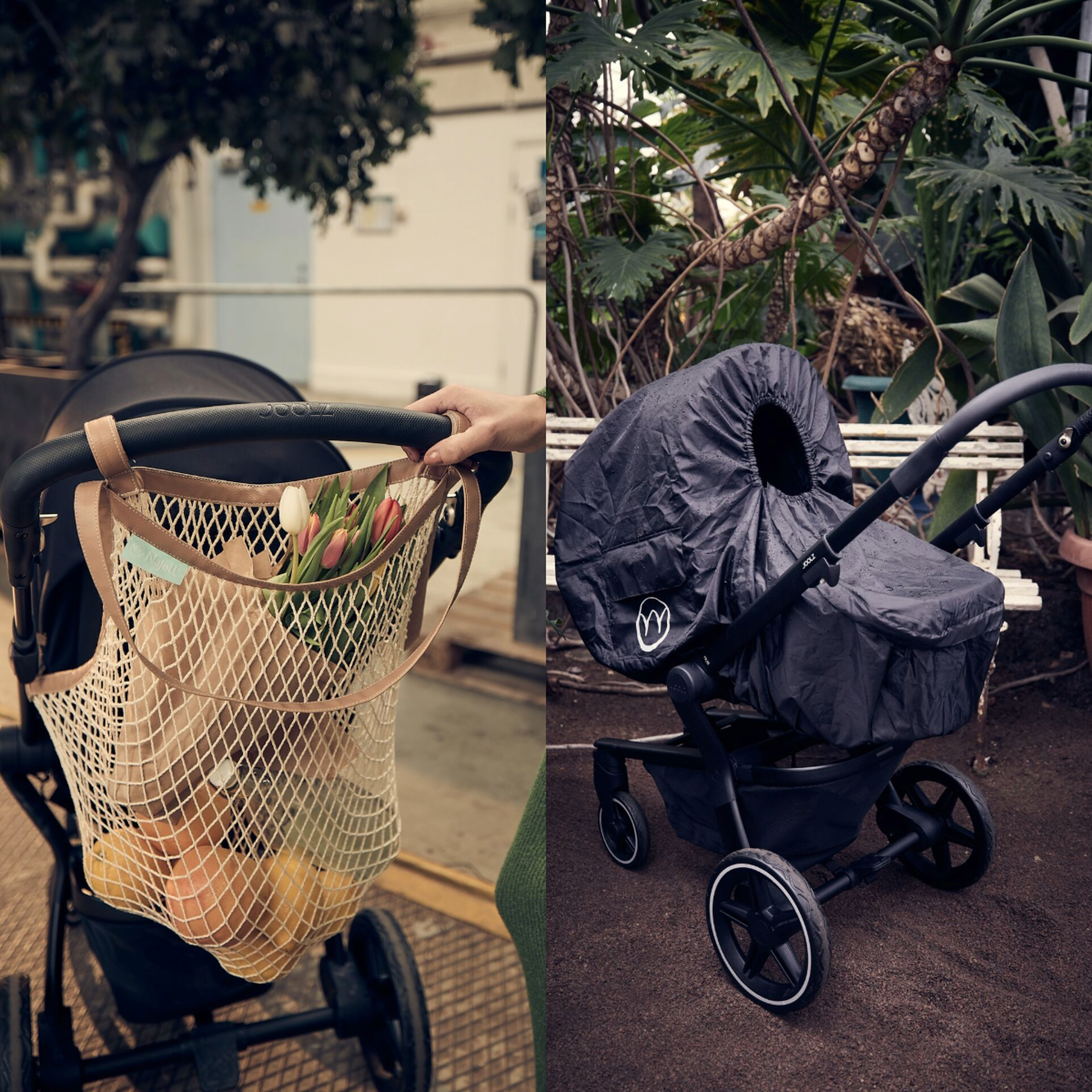 Stroller accessories including a mesh shopping bag and rain cover for everyday walks and changing weather.