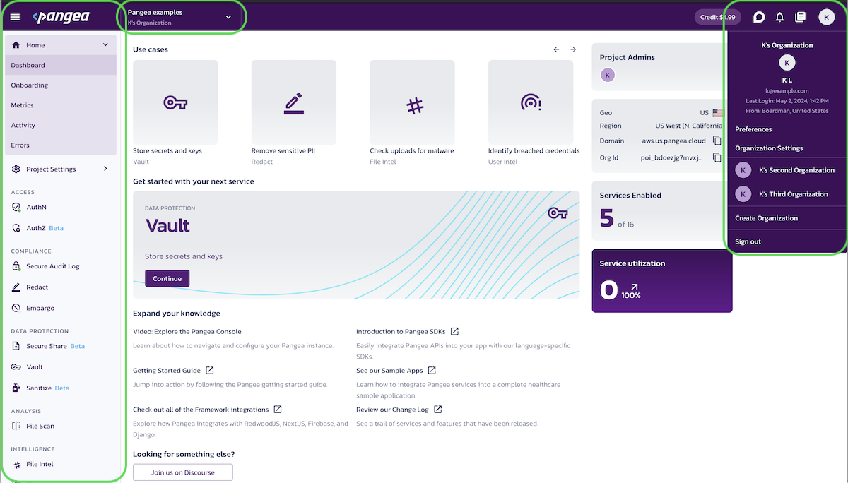 Pangea AI security platform dashboard with compliance tools