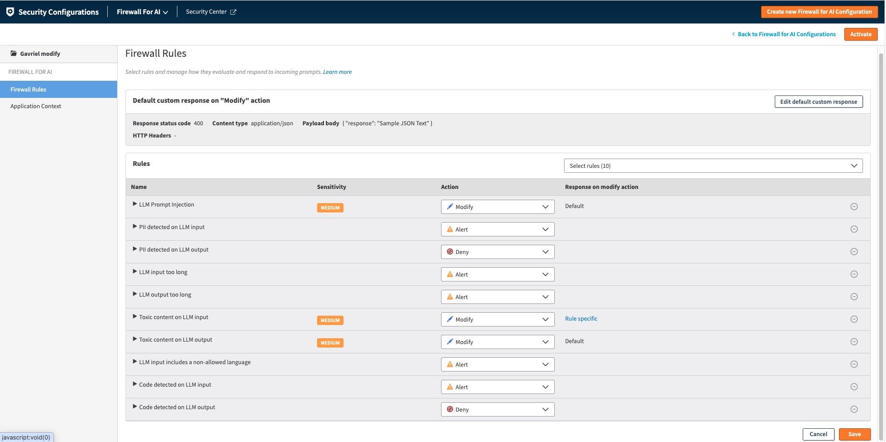 Akamai Firewall for AI policy and prompt security rules dashboard