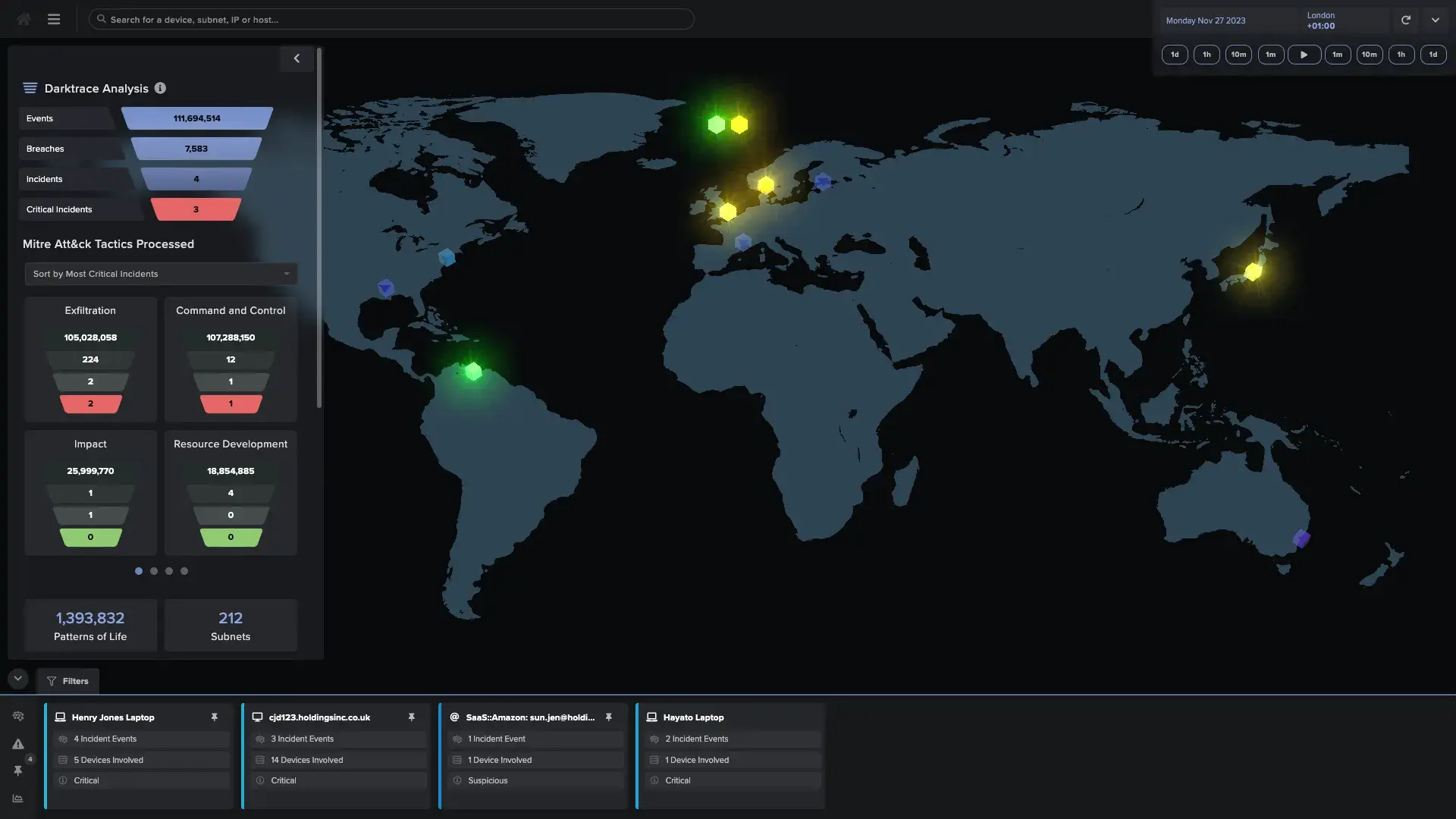 Darktrace AI threat detection dashboard with global attack map
