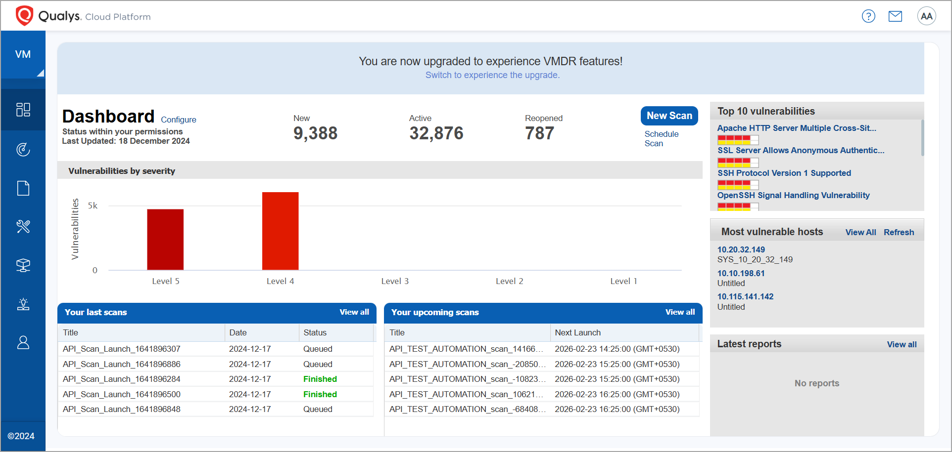 Vulnerability management dashboard showing risk and remediation status