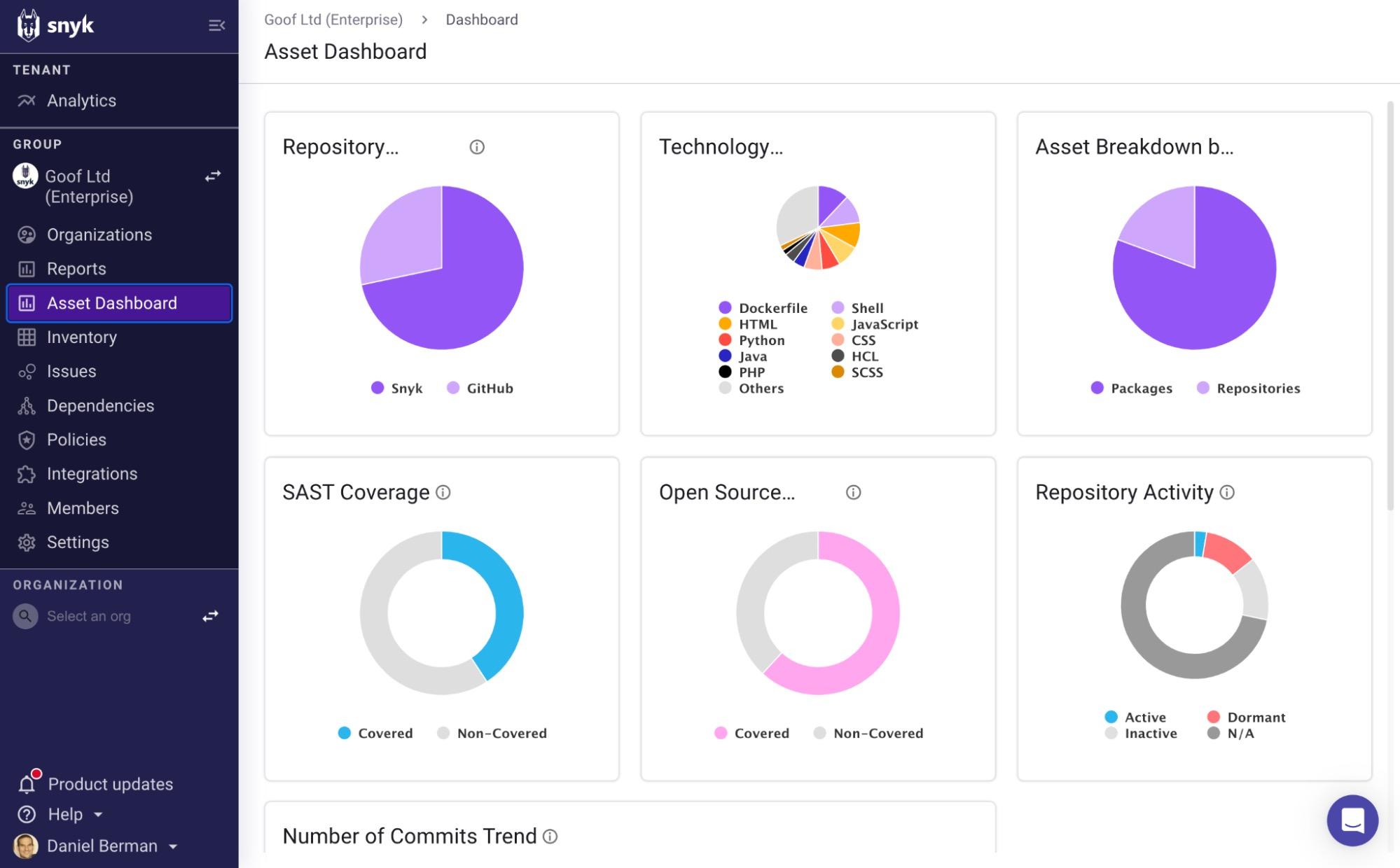 Snyk dashboard showing application security issue metrics