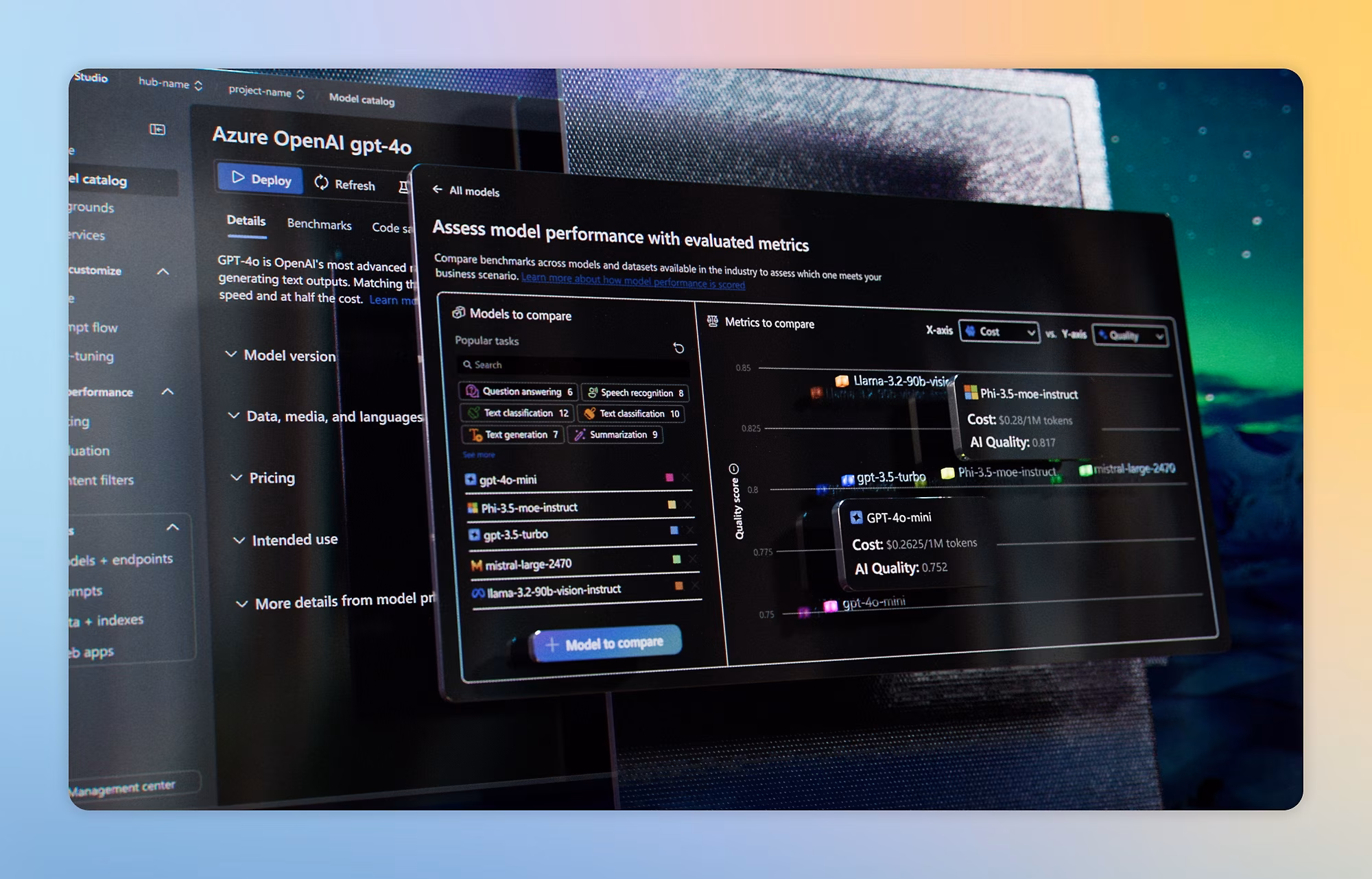 Microsoft Azure AI interface with model evaluation dashboard