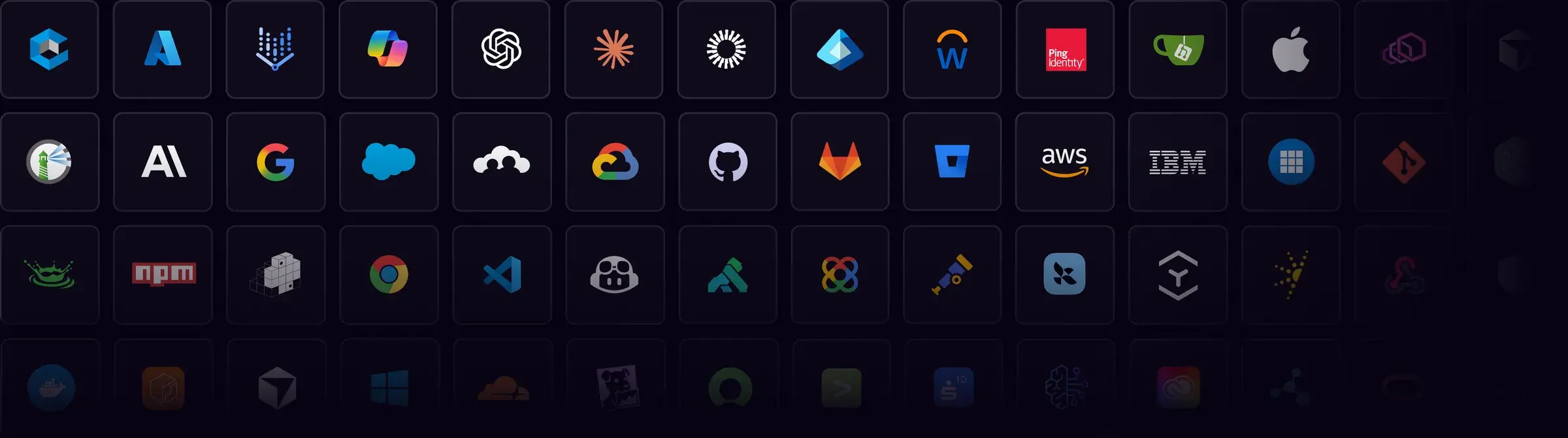 Logos of cloud platforms, applications, identity providers, repositories, registries and observability tools TrustLens integrates with